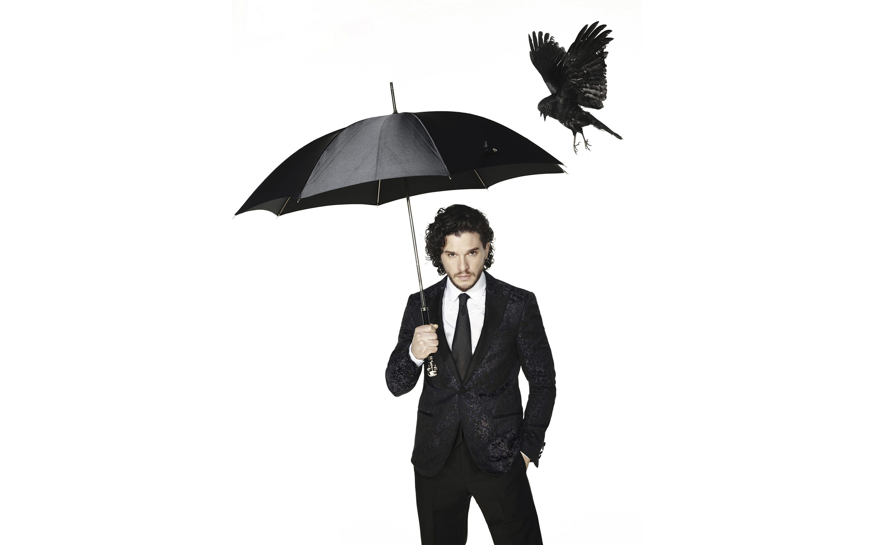 Download mobile wallpaper Bird, Umbrella, English, Crow, Suit, Celebrity, Actor, Kit Harington for free.