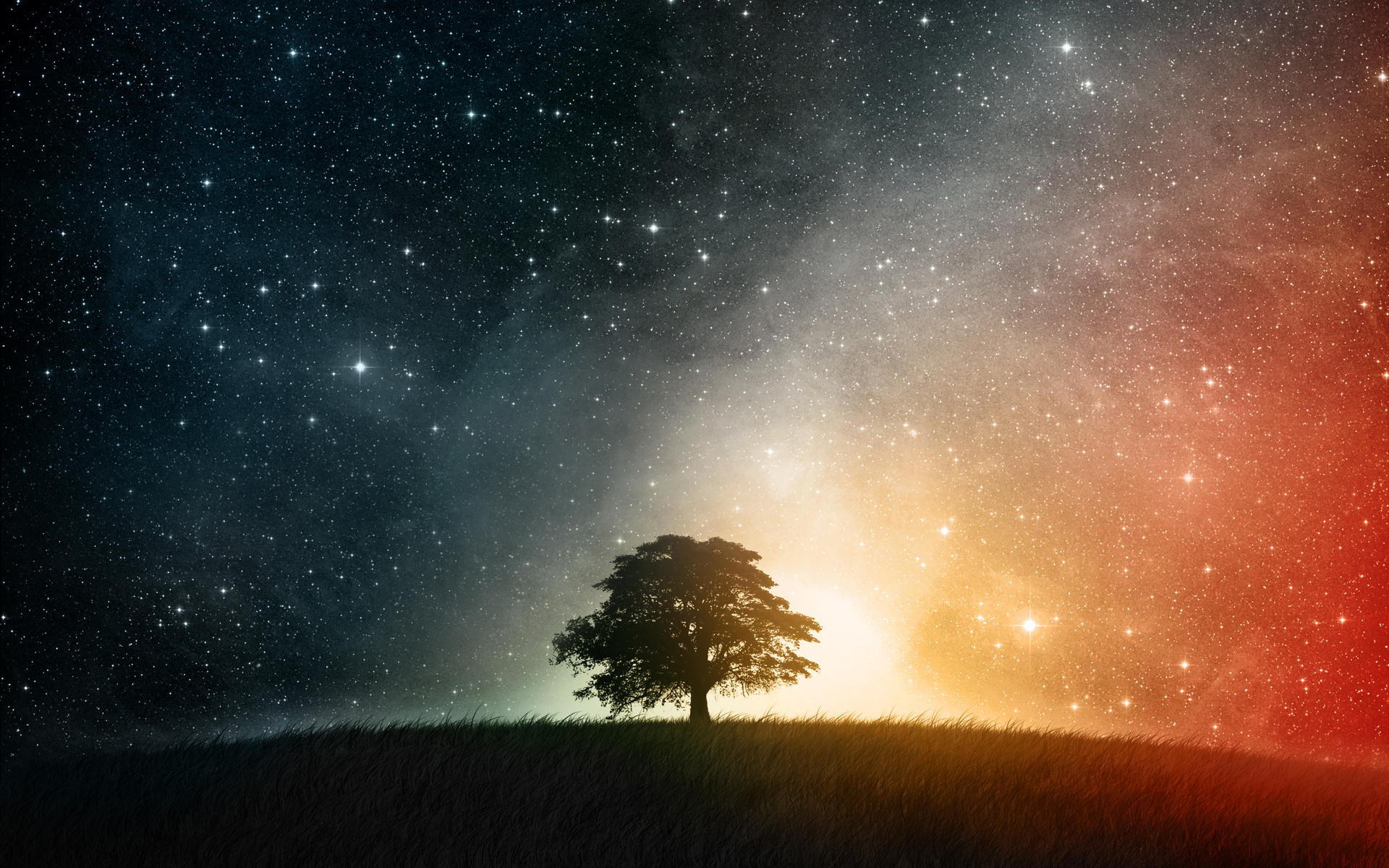 android space, landscape, tree, grass, earth, sky, stars, a dreamy world