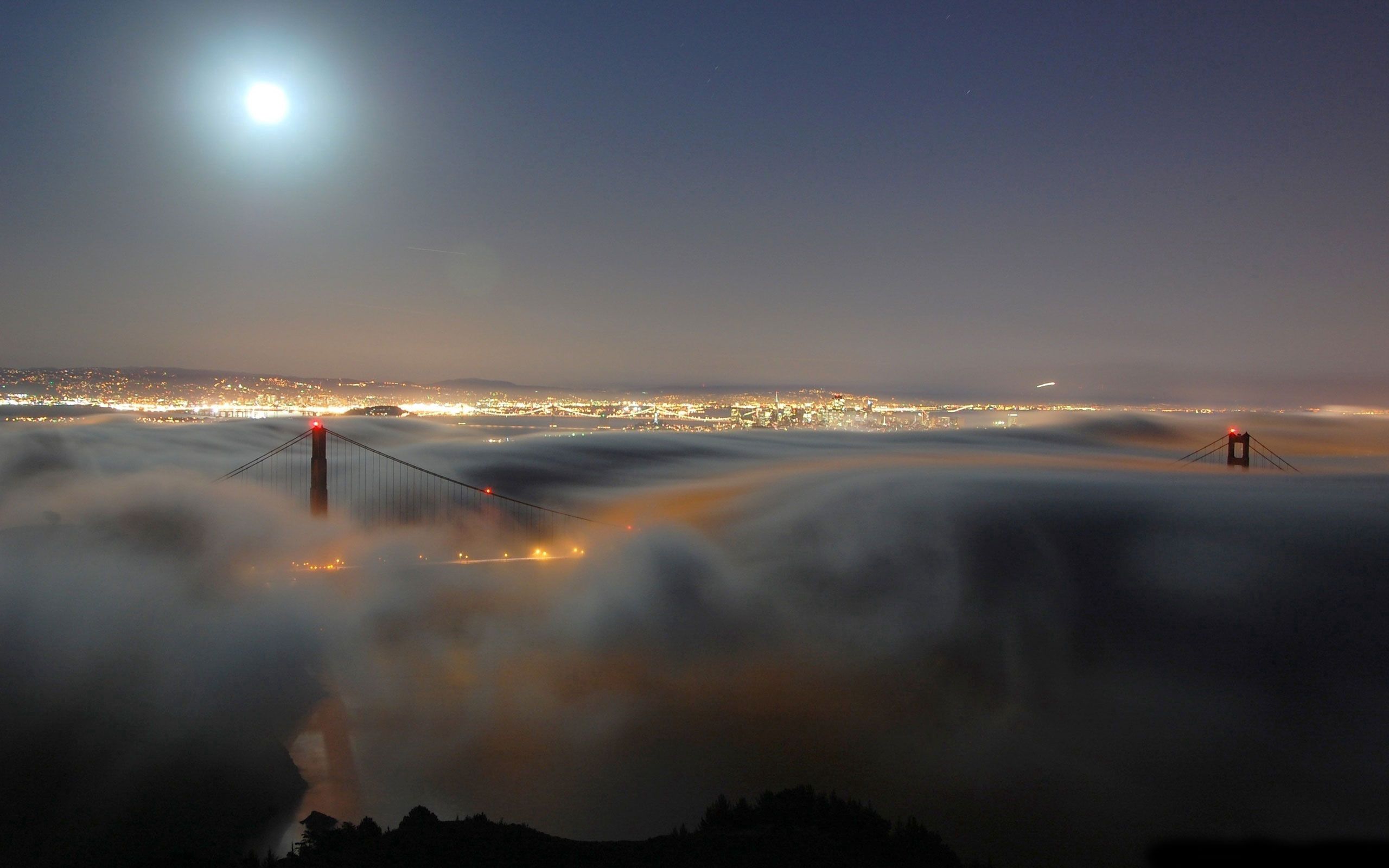 cities, night, moon, usa, shine, light, fog, united states, california, san francisco, golden gate bridge