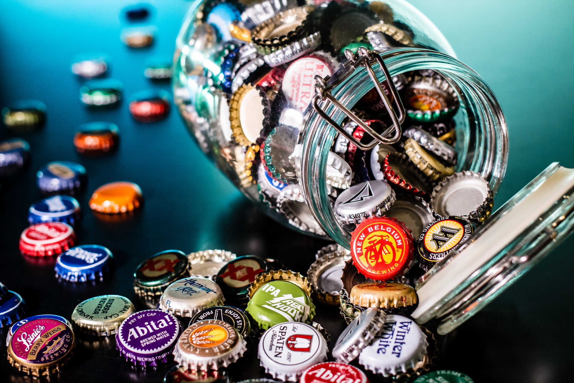 beer bottle caps, misc, jar