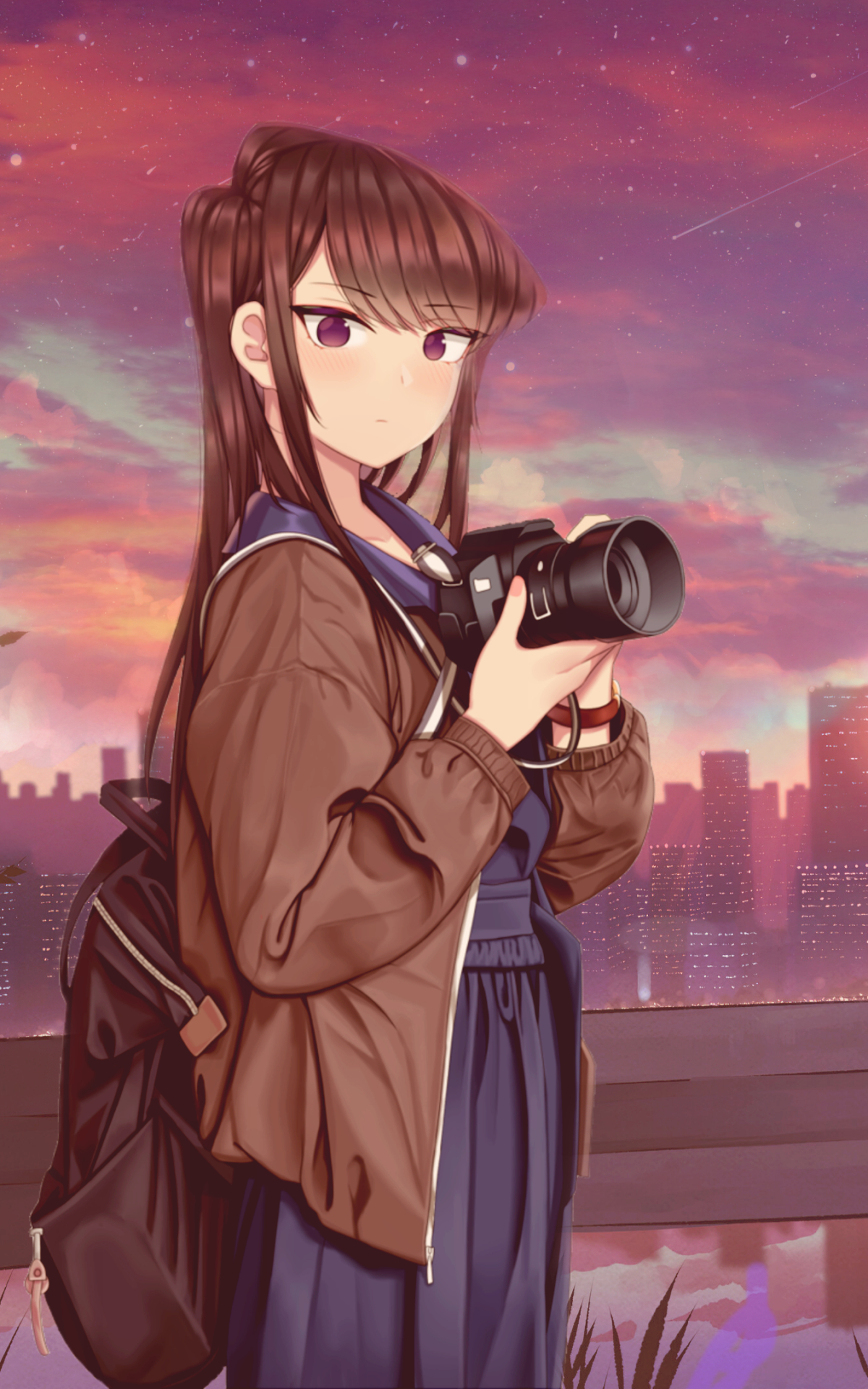 anime, komi can't communicate, purple eyes, camera, backpack HD wallpaper
