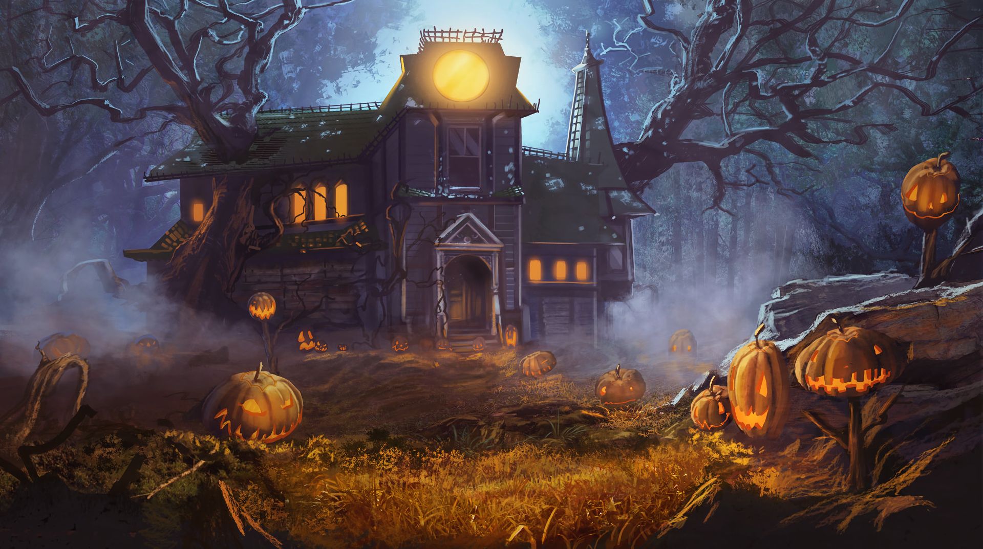 Download mobile wallpaper Halloween, Moon, Tree, Holiday, House, Jack O' Lantern, Haunted House for free.