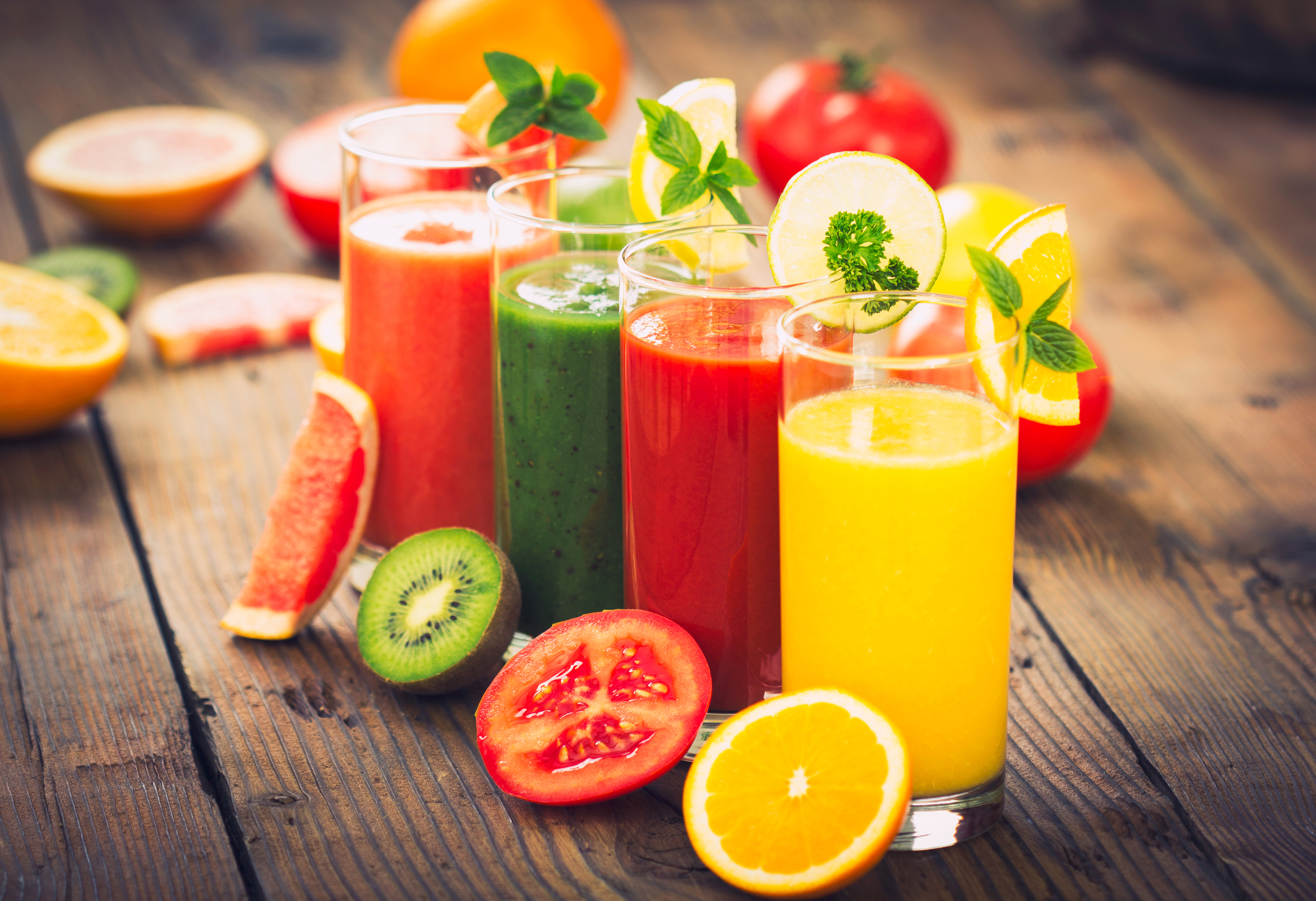 Download mobile wallpaper Food, Kiwi, Glass, Fruit, Drink, Tomato, Orange (Fruit) for free.