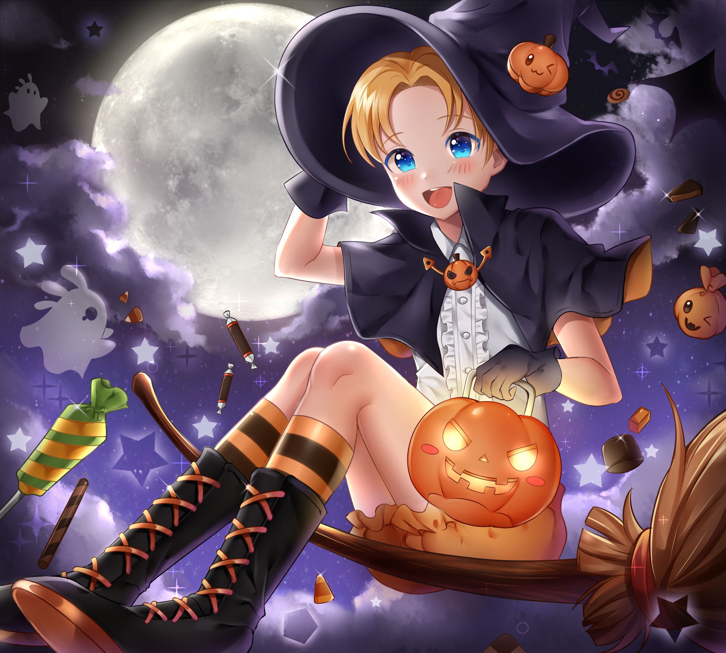 Download mobile wallpaper Anime, Halloween, Pumpkin, Witch for free.