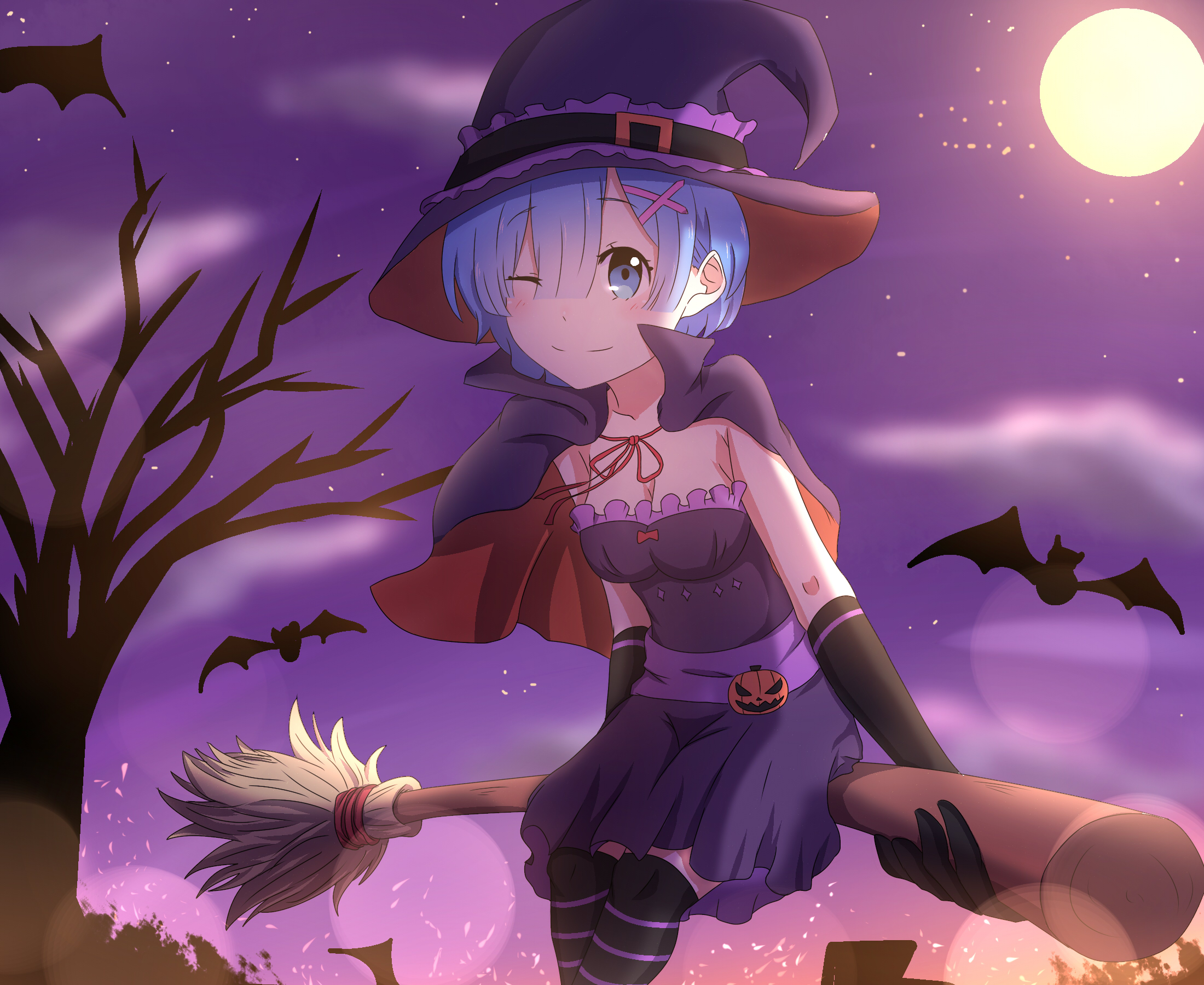 anime, re:zero starting life in another world, halloween, rem (re:zero), witch hat Desktop Wallpaper