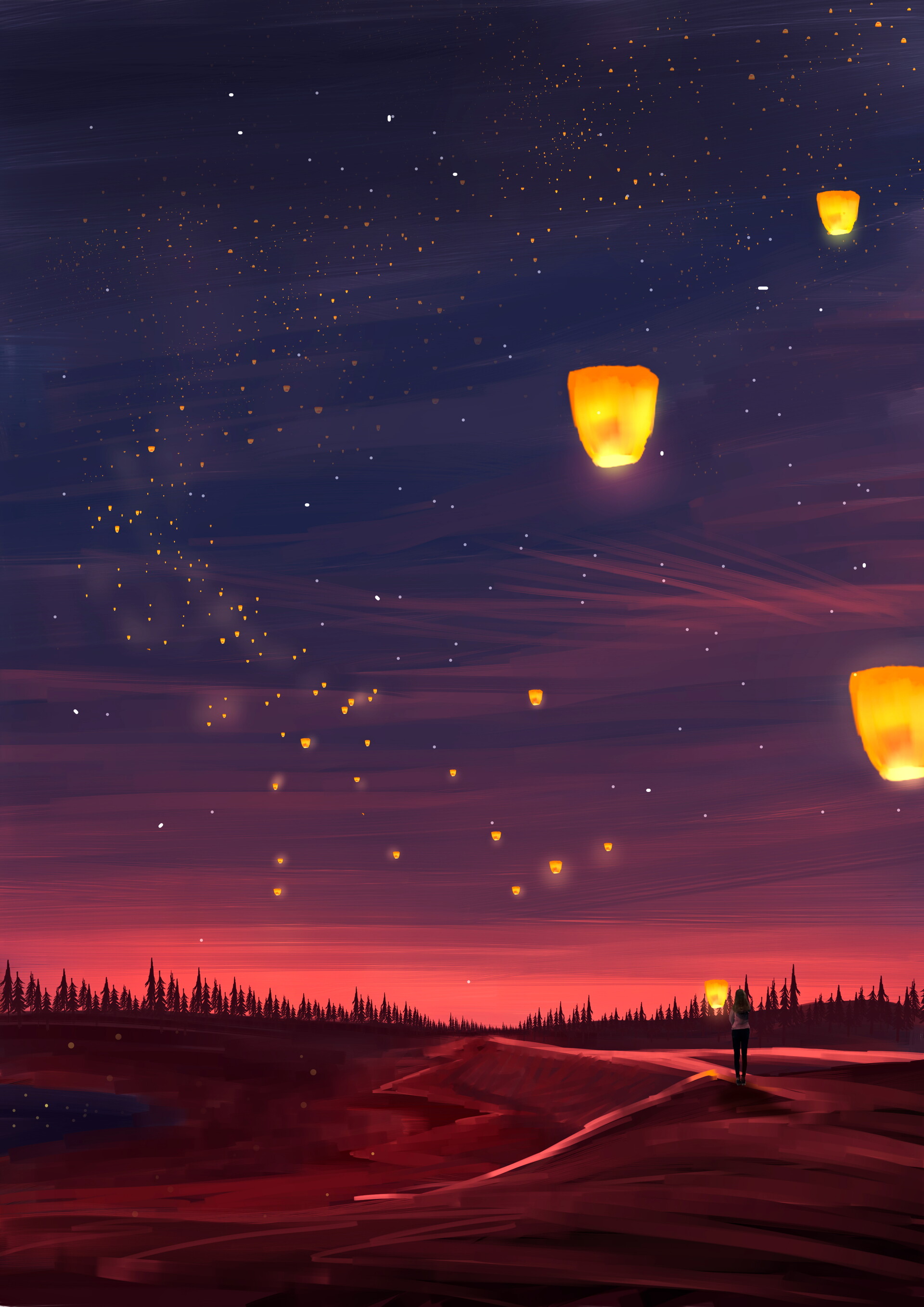 night, art, dark, lanterns, lights mobile wallpaper