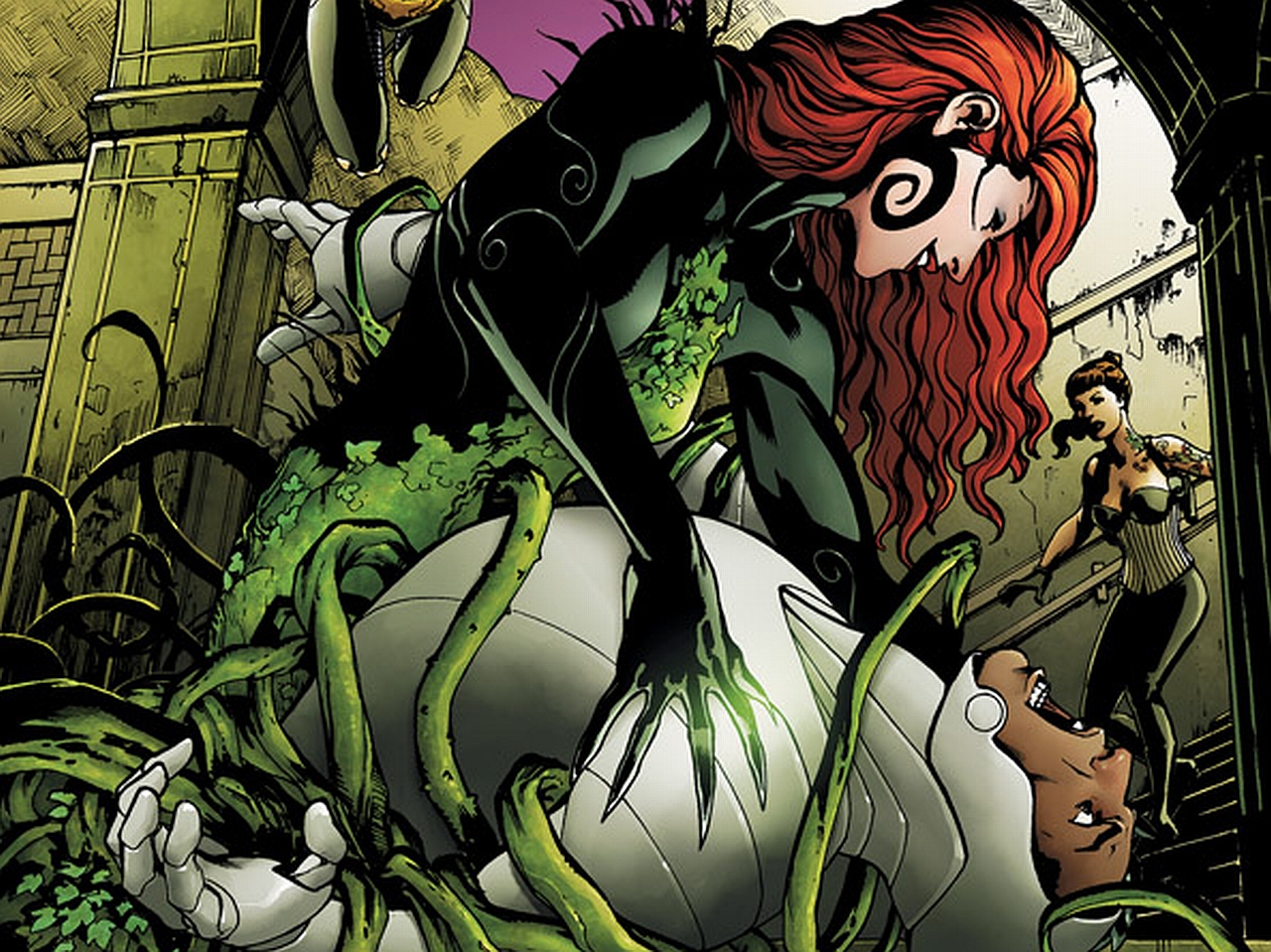 comics, birds of prey, bodysuit, brown hair, dc comics, poison ivy, red hair, starling (dc comics), tattoo, vine wallpapers for tablet