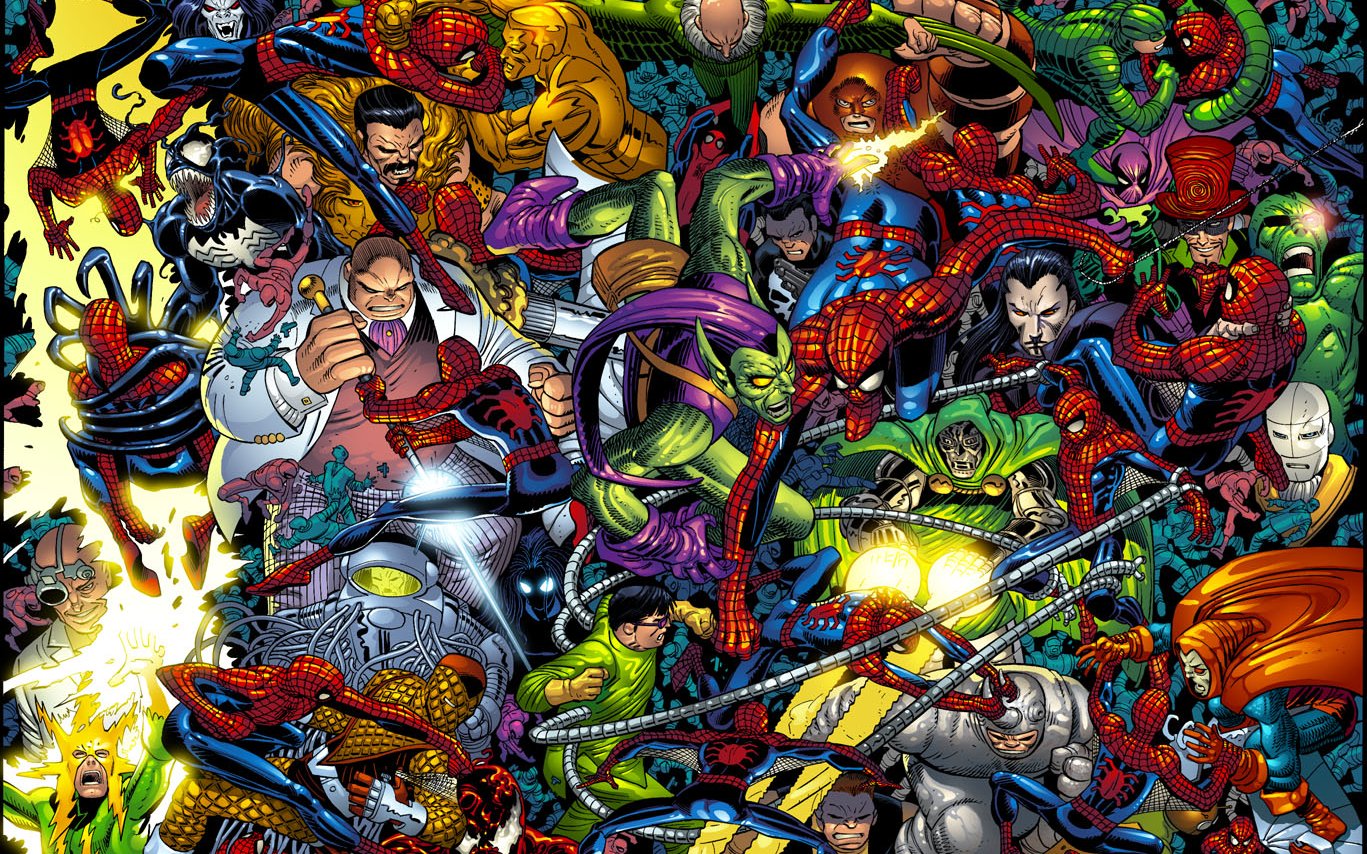 wallpapers spider man, venom, comics, doctor doom, doctor octopus, electro (marvel comics), green goblin, juggernaut (marvel comics), kingpin (marvel comics), scorpion (marvel comics), shocker (marvel comics), vulture (marvel comics)