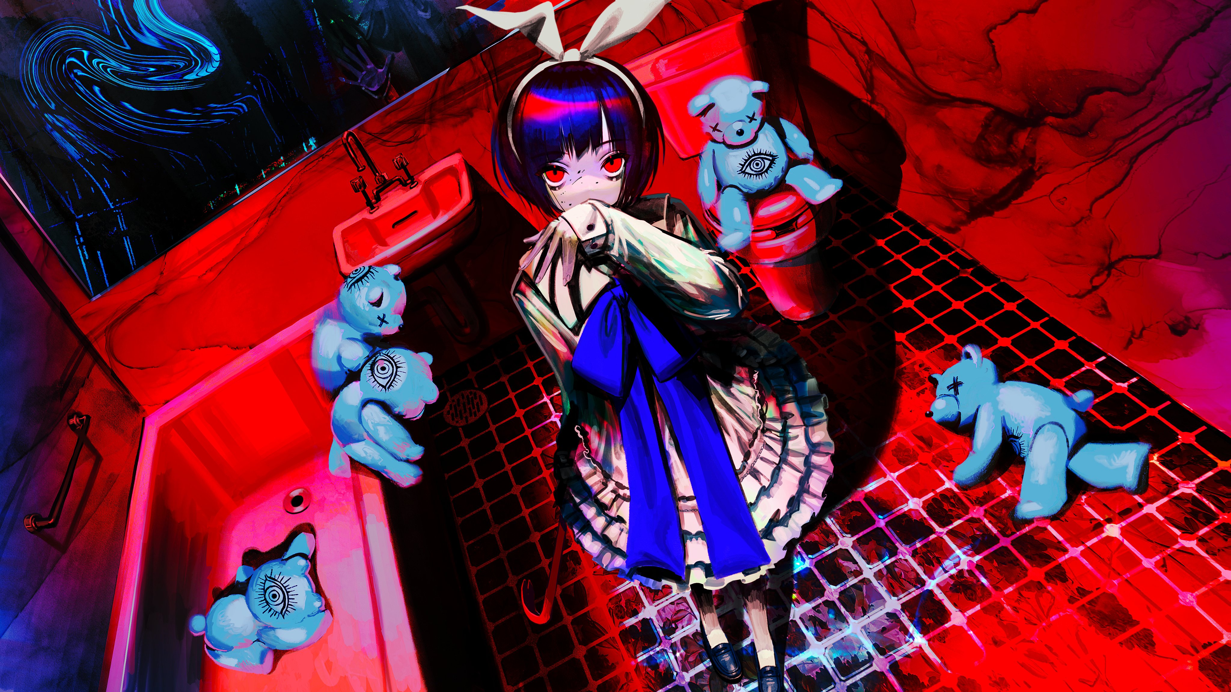 girl, anime, bathroom, blood, doll, red eyes High Definition image