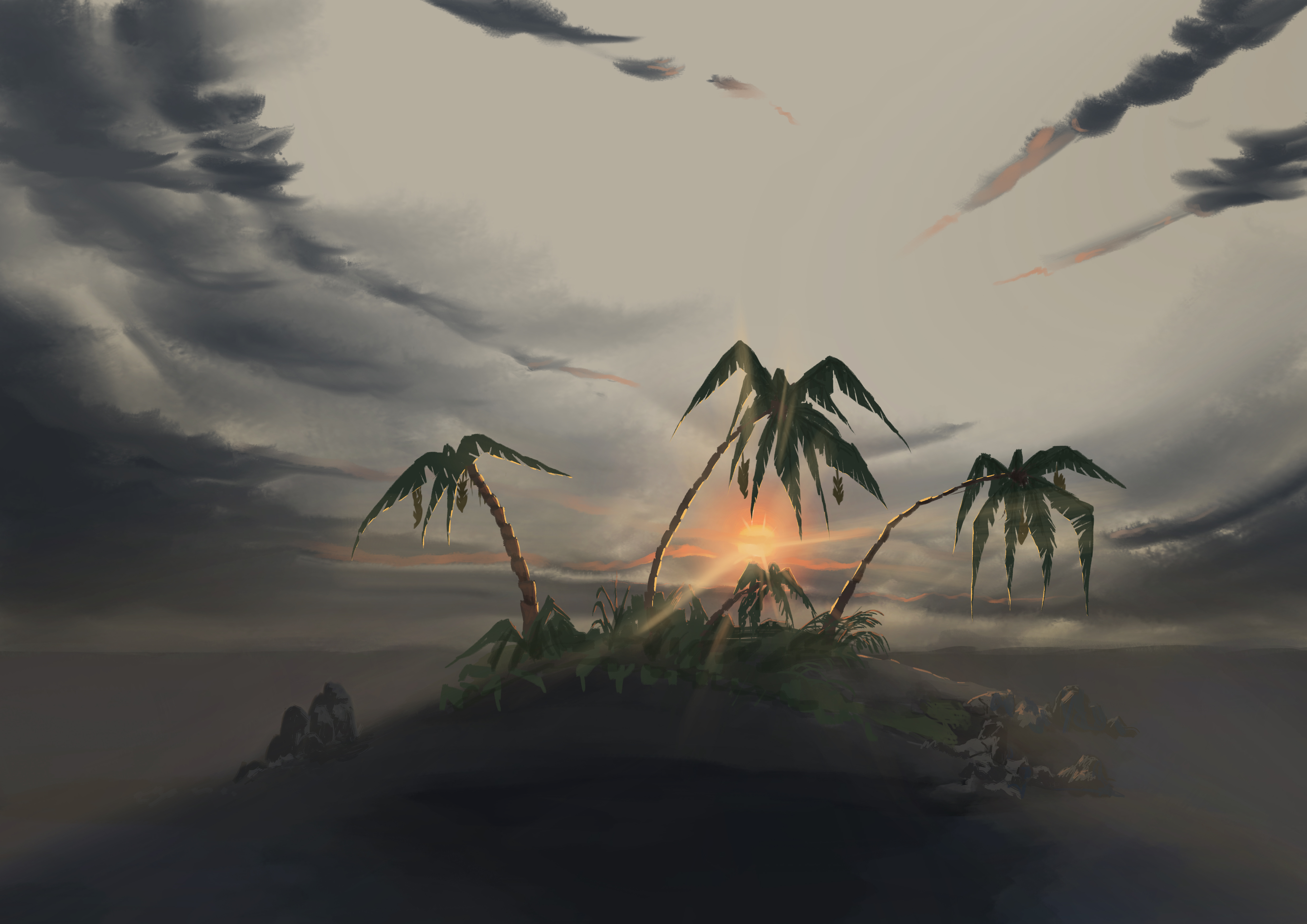 Download mobile wallpaper Sunset, Island, Landscape, Palms, Art for free.