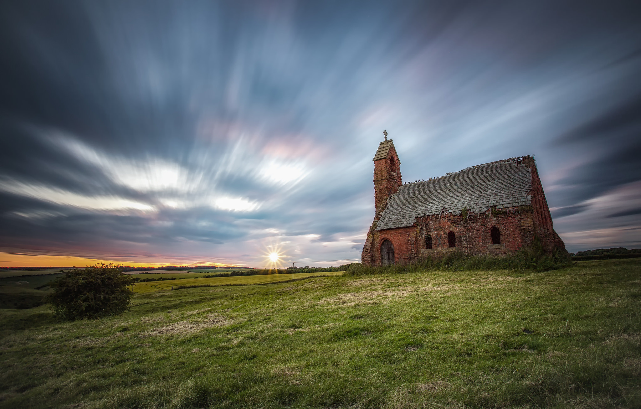 Download mobile wallpaper Landscape, Sky, Sun, Chapel, Ruin, England, Religious for free.