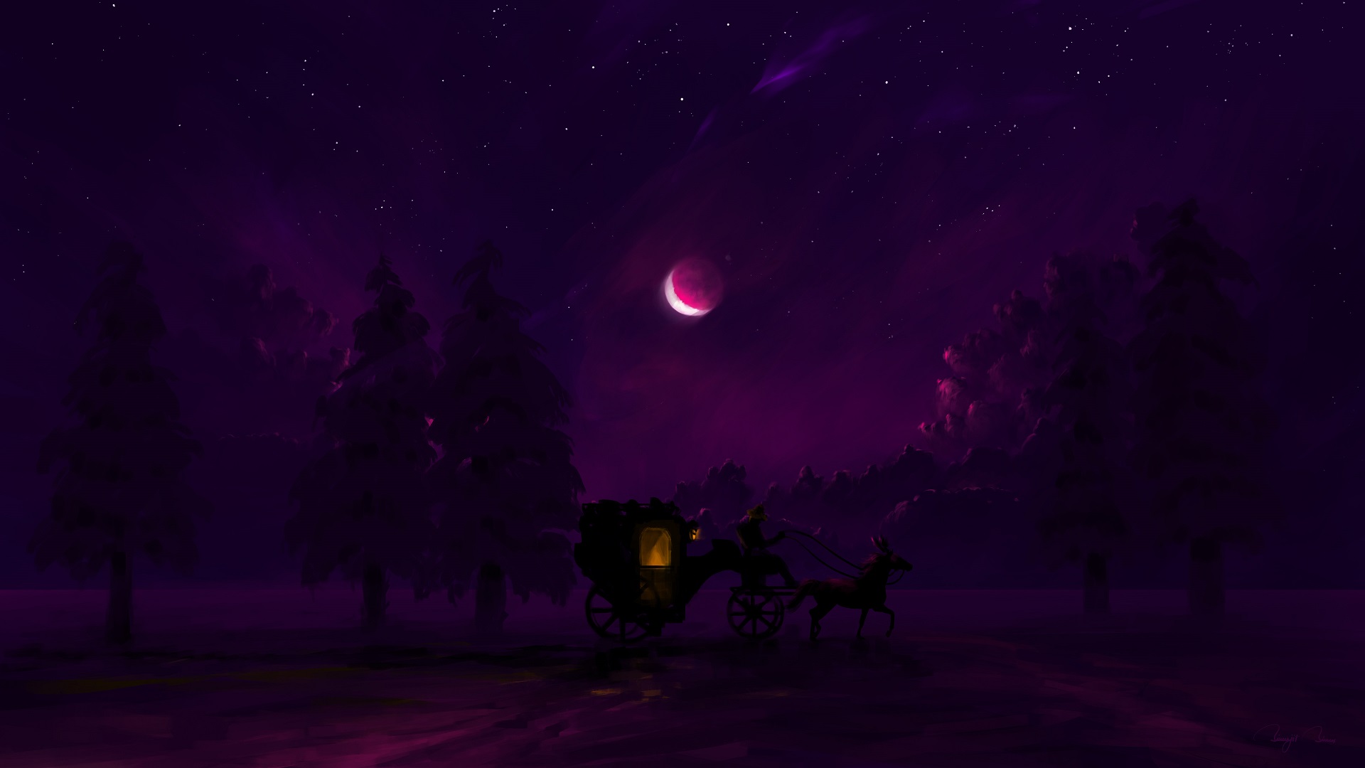 artistic, night, carriage, forest, horse, moon, winter Full HD