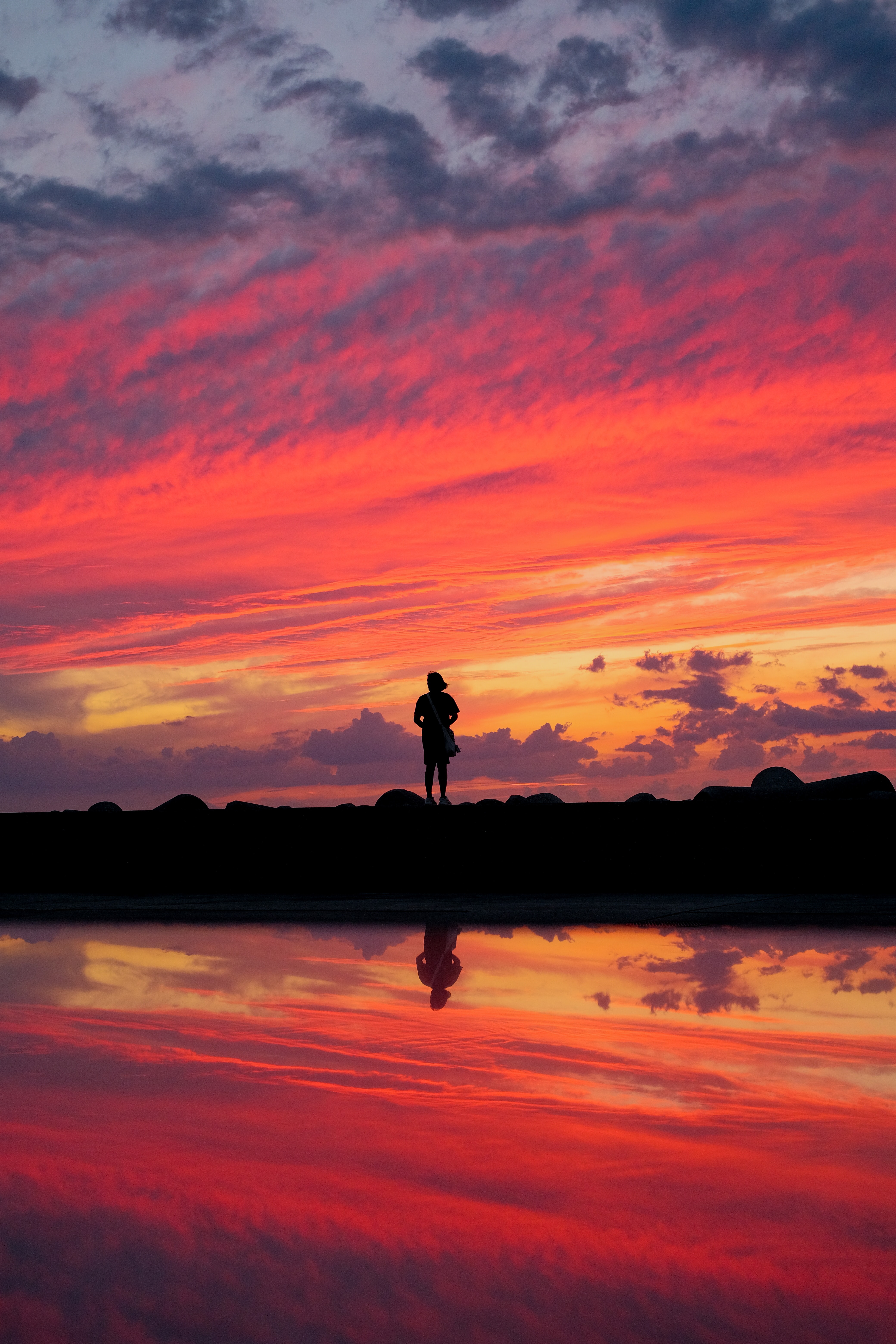 Download mobile wallpaper Sunset, Lonely, Silhouette, Loneliness, Girl, Alone, Dark for free.