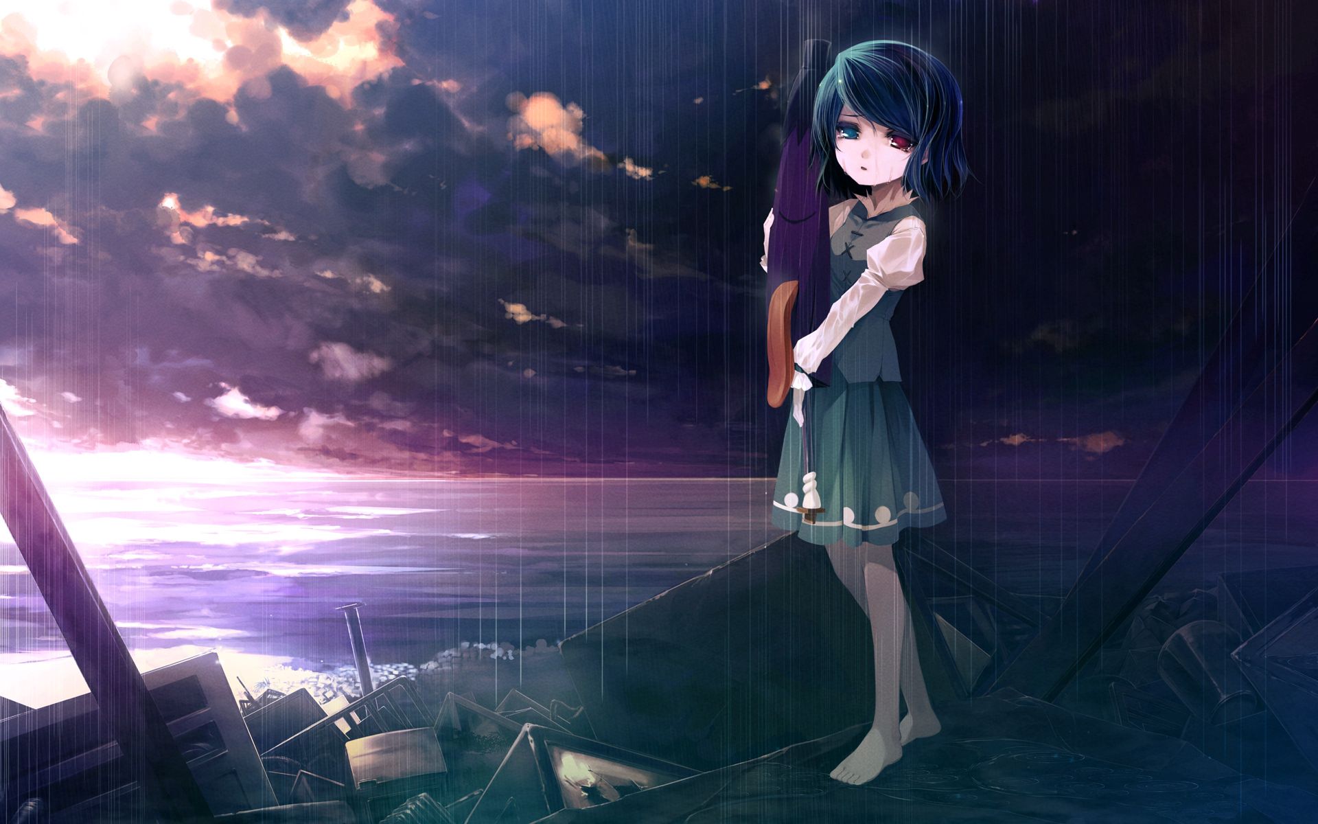 Free download wallpaper Sadness, Rain, Sea, Sky, Girl, Anime on your PC desktop