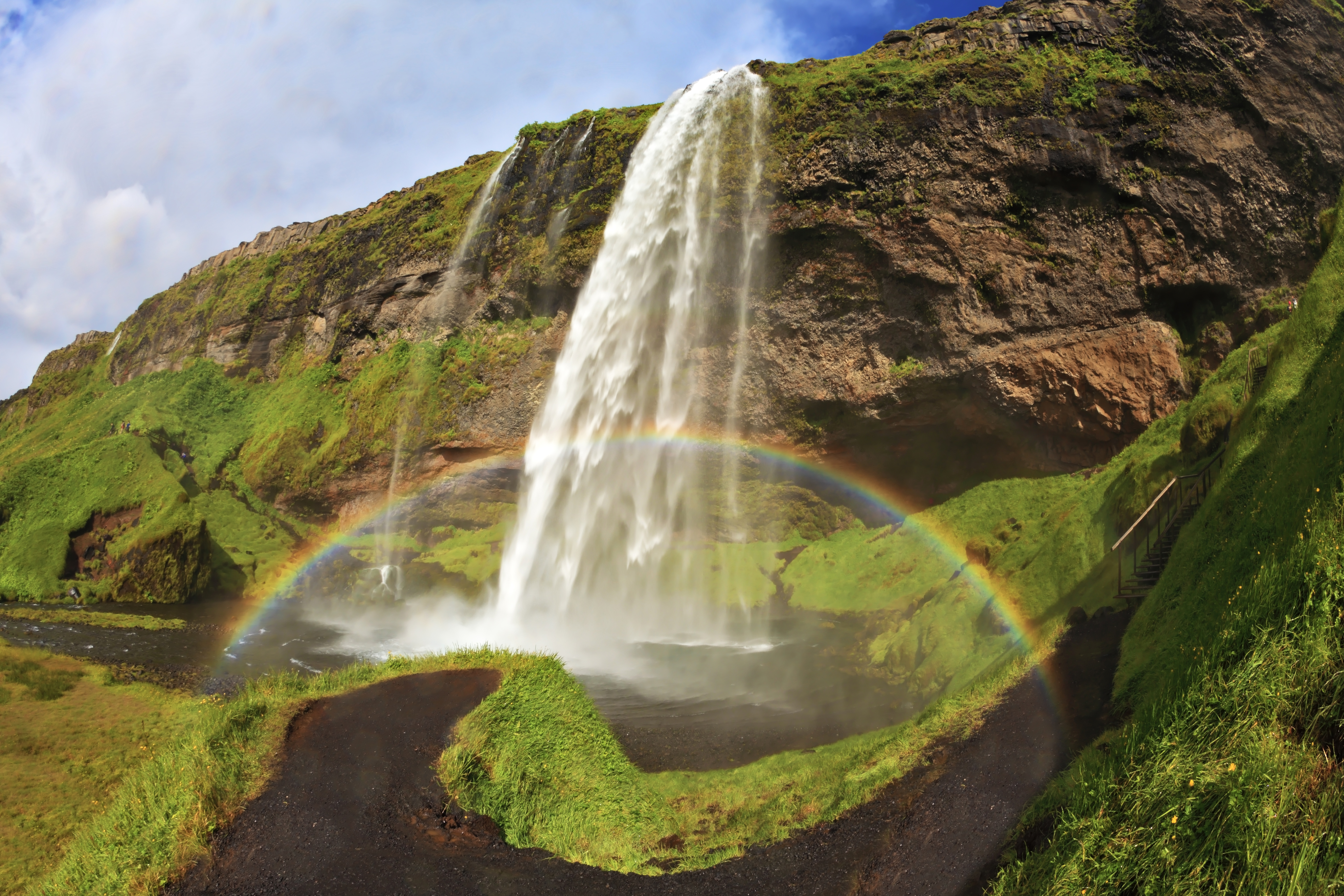 earth, seljalandsfoss, grass, iceland, rainbow, waterfall, waterfalls mobile wallpaper