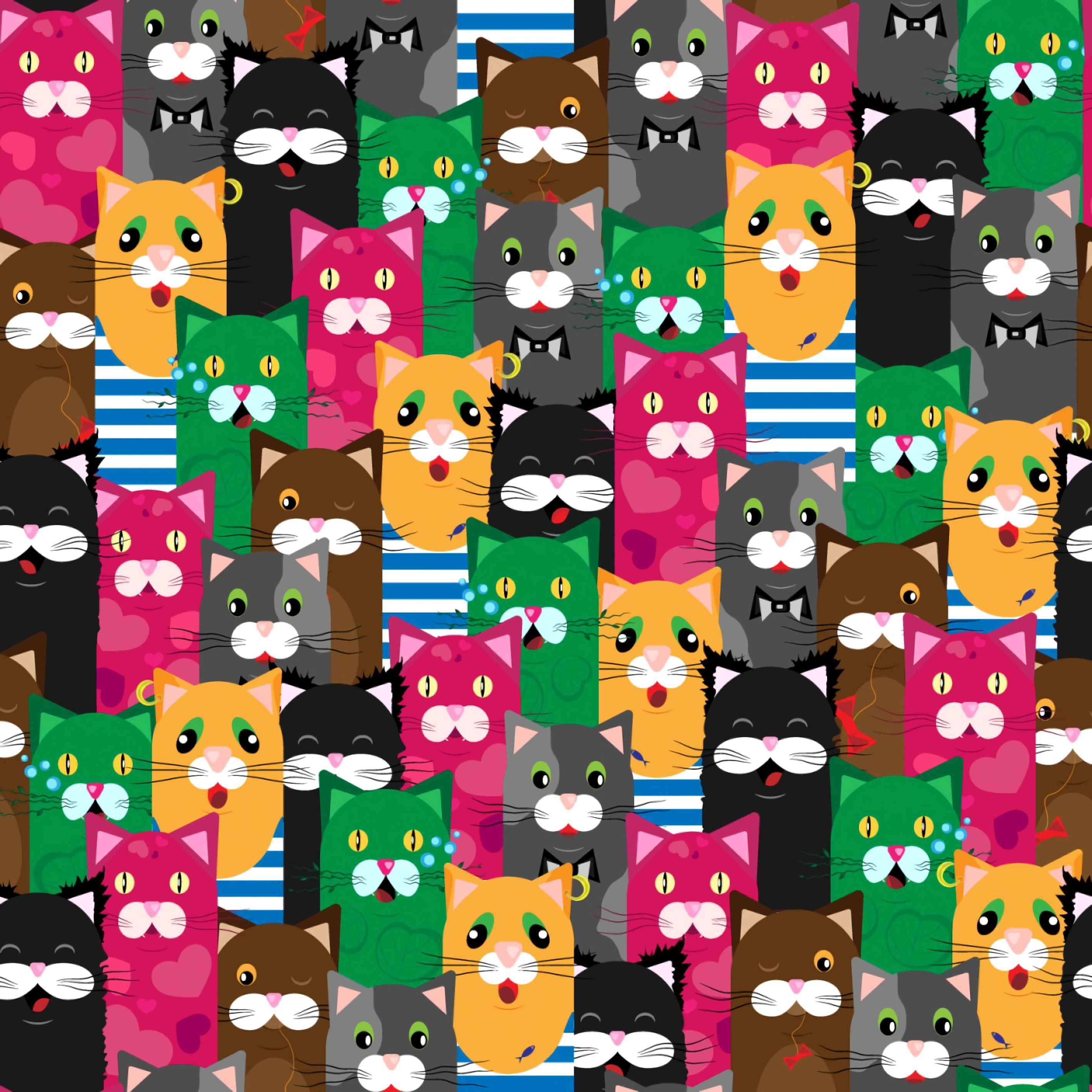 Download mobile wallpaper Motley, Multicolored, Pattern, Cats, Funny, Texture, Textures for free.