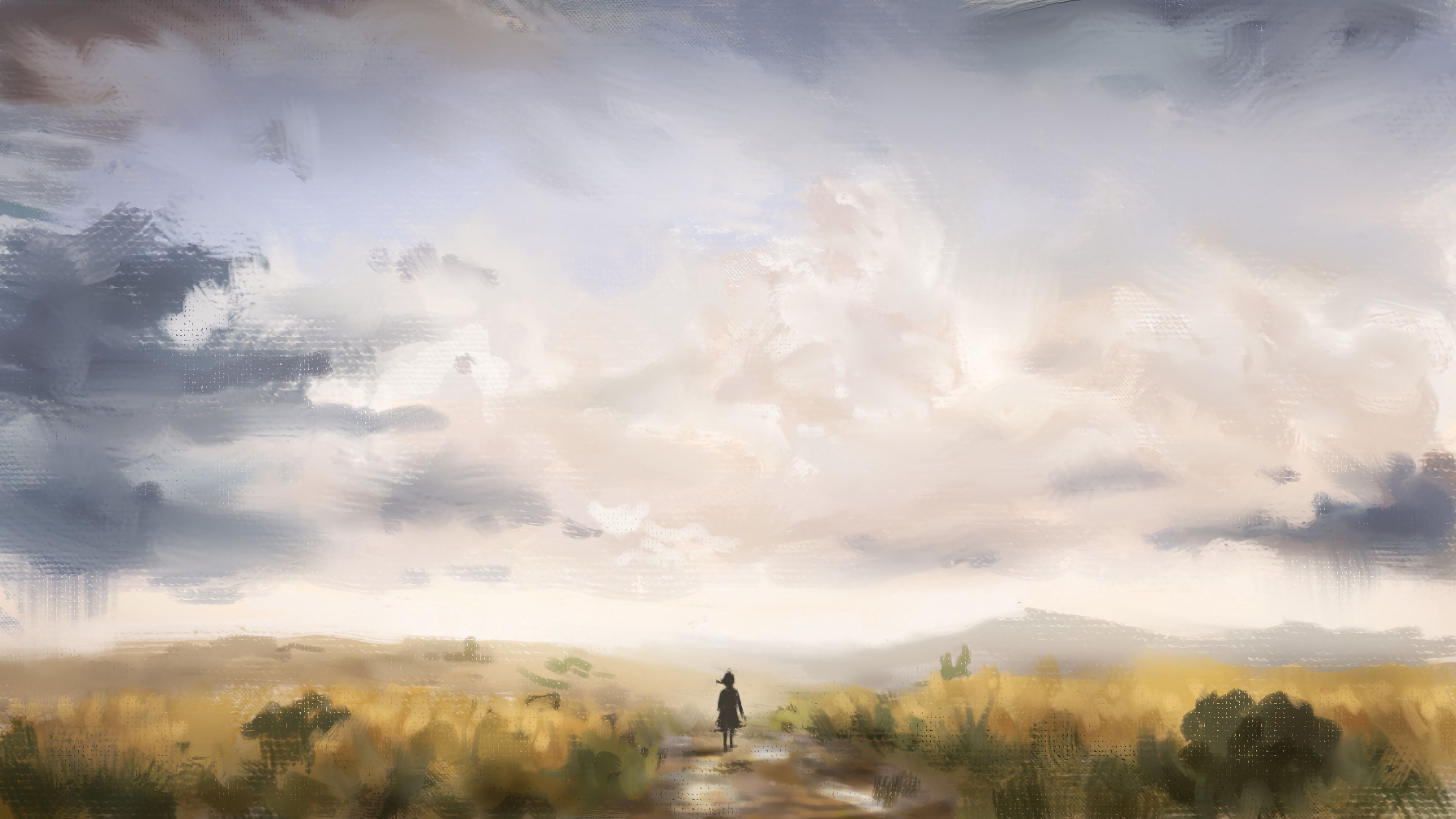 alone, paint, art, silhouette, road, girl, loneliness, lonely, canvas 1080p