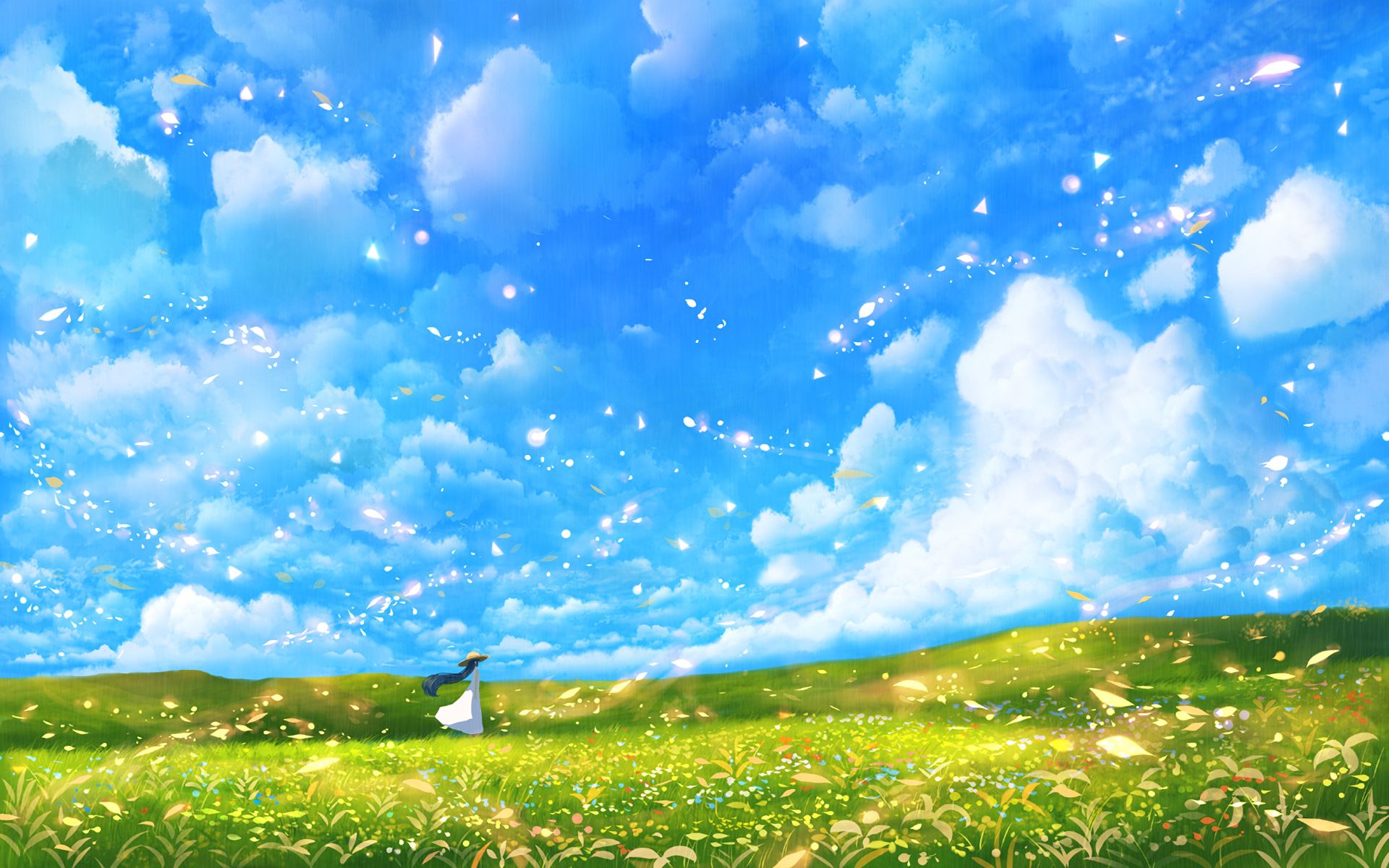 855359 Hintergrundbild herunterladen animes, original, wolke, kleid, hut, lange haare, wiese, blütenblatt, szene, himmel - Bildschirmschoner und Bilder kostenlos