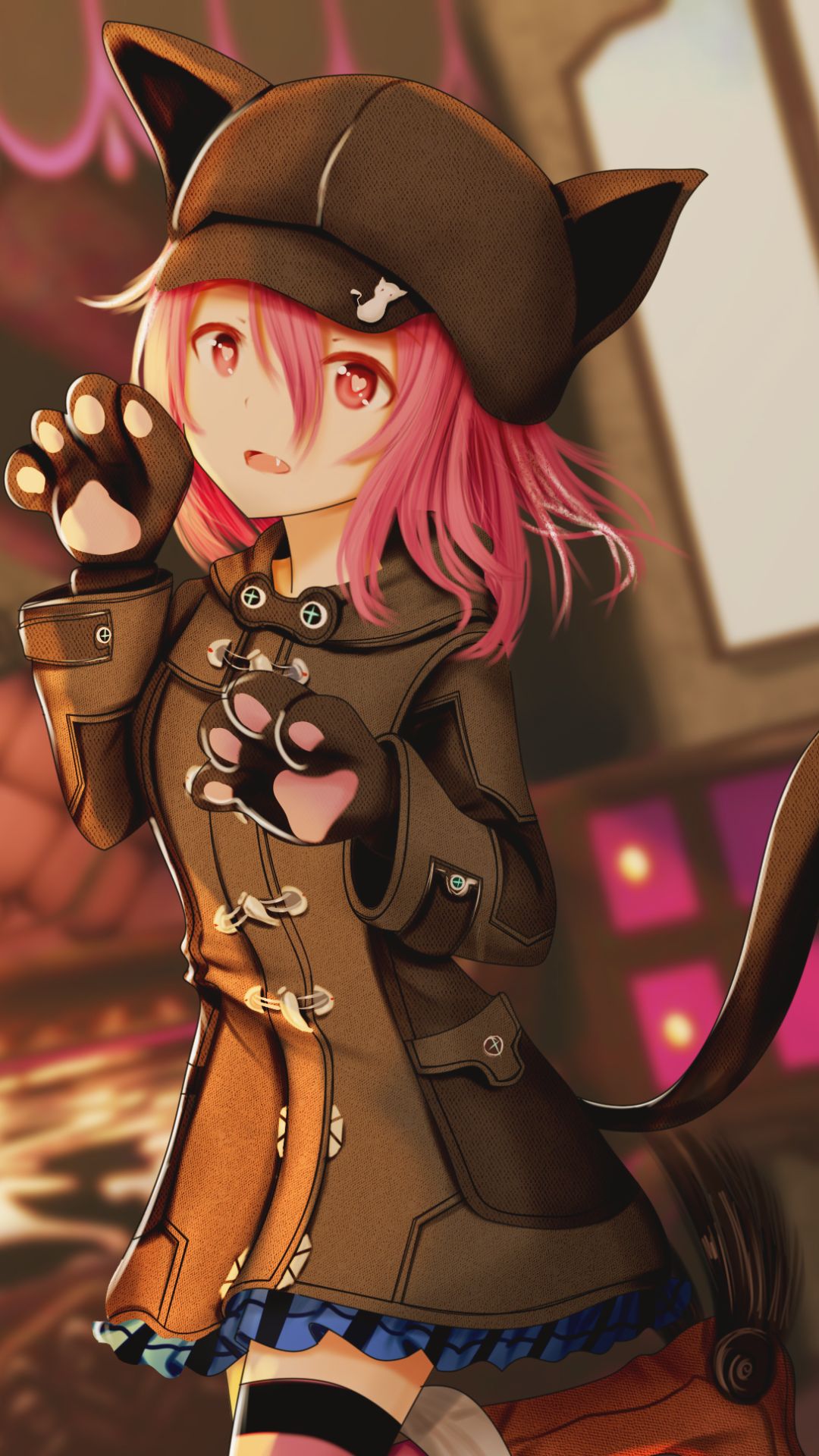 android anime, original, pink hair, hat, fangs, nekomimi, red eyes, paw, tail