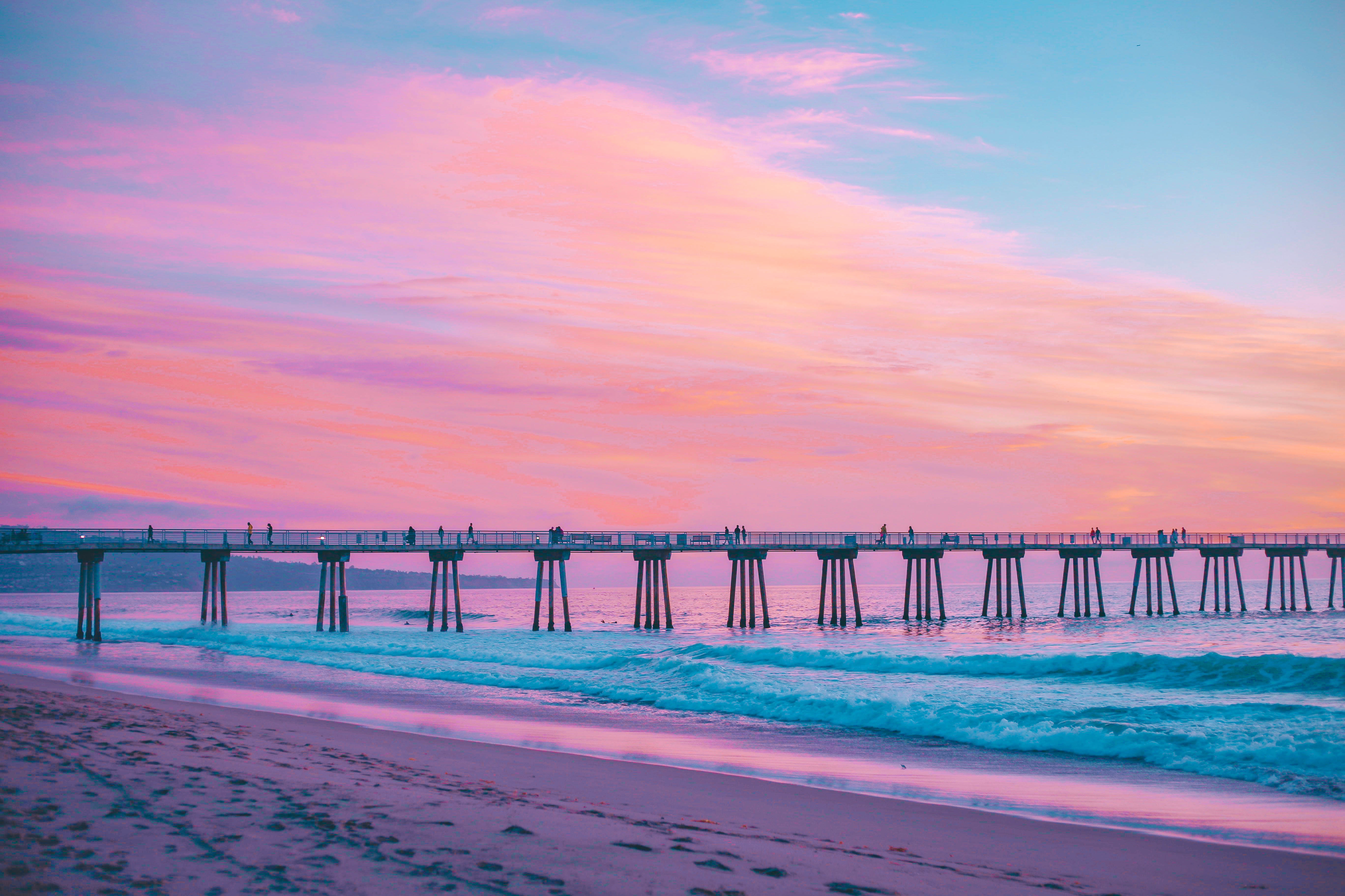 california, pink, pier, nature, sea, surf, hermosa scourge, hermosa beach
