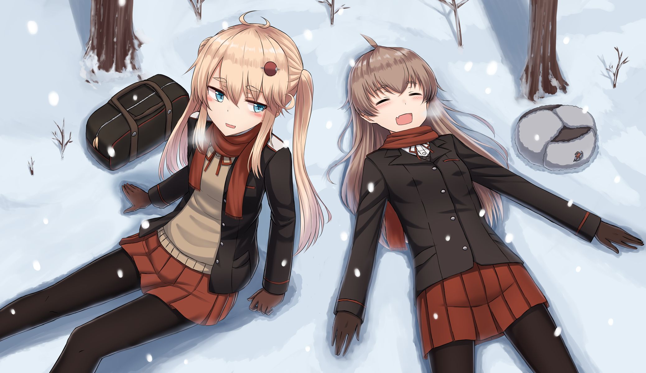 android anime, original, blonde, blue eyes, brown hair, cold, scarf, skirt, snow, thigh highs