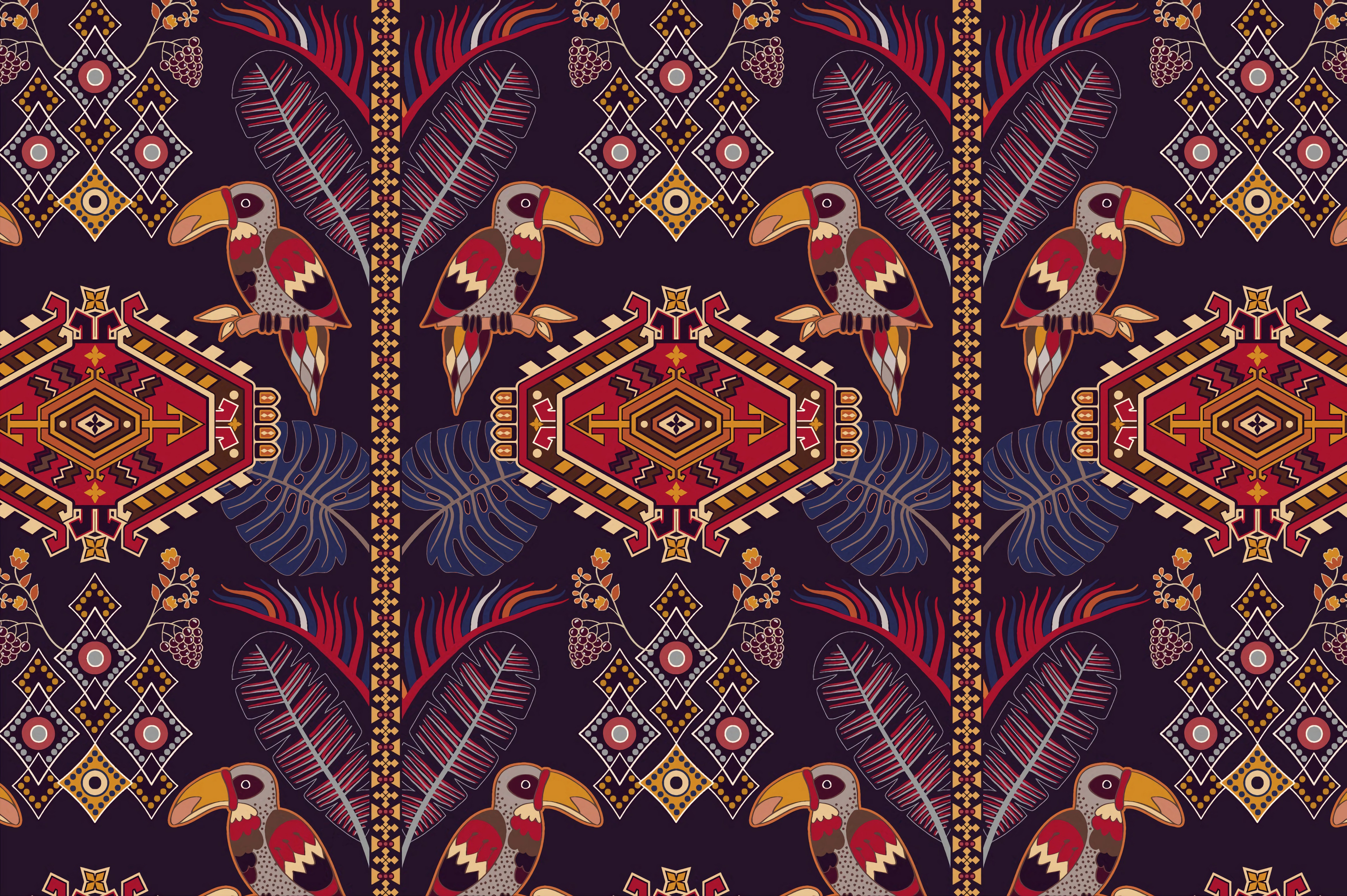 textures, pattern, texture, ornament, toucans, multicolored, motley, motive 5K