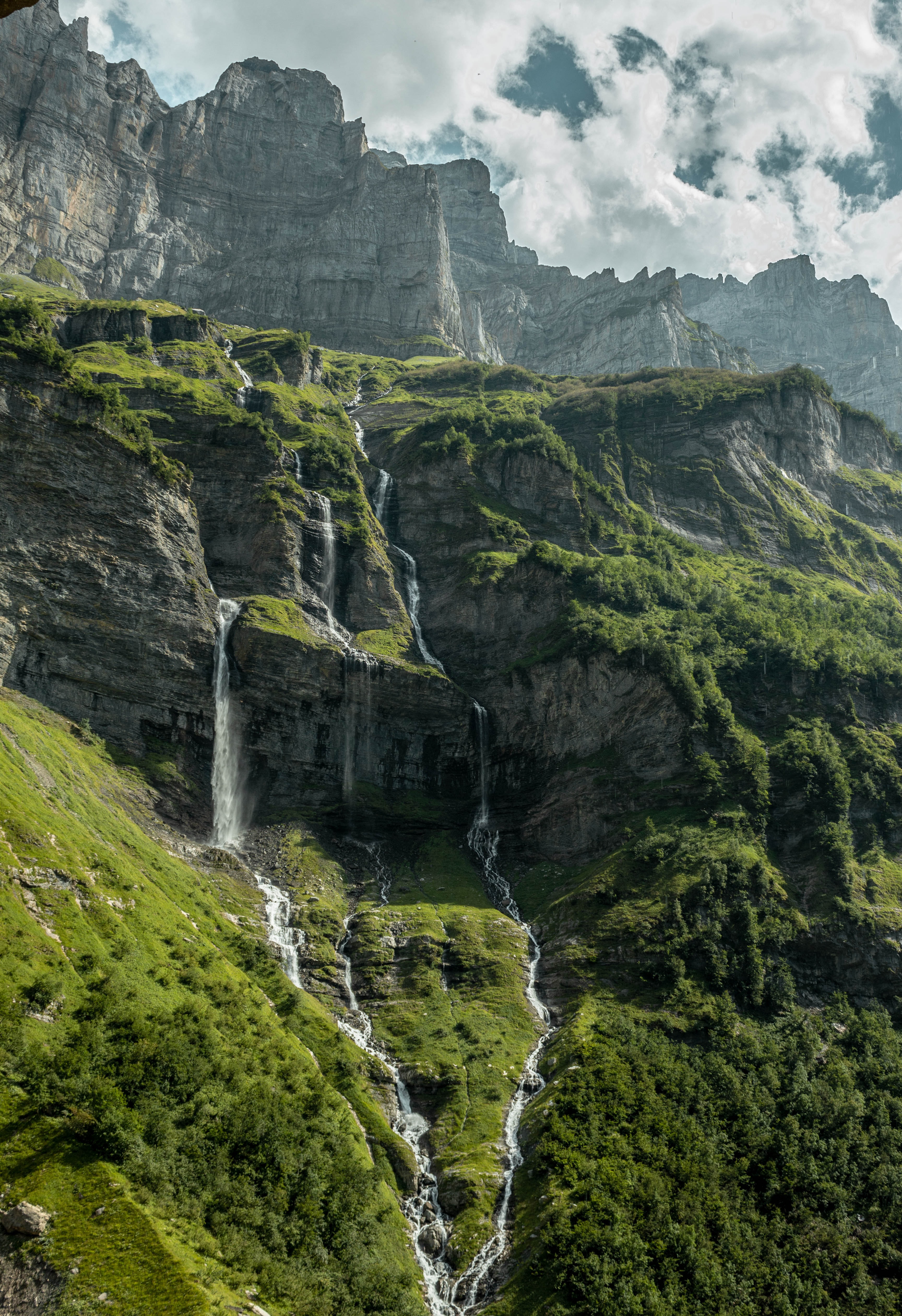 nature, trees, rock, waterfall, slope lock screen backgrounds