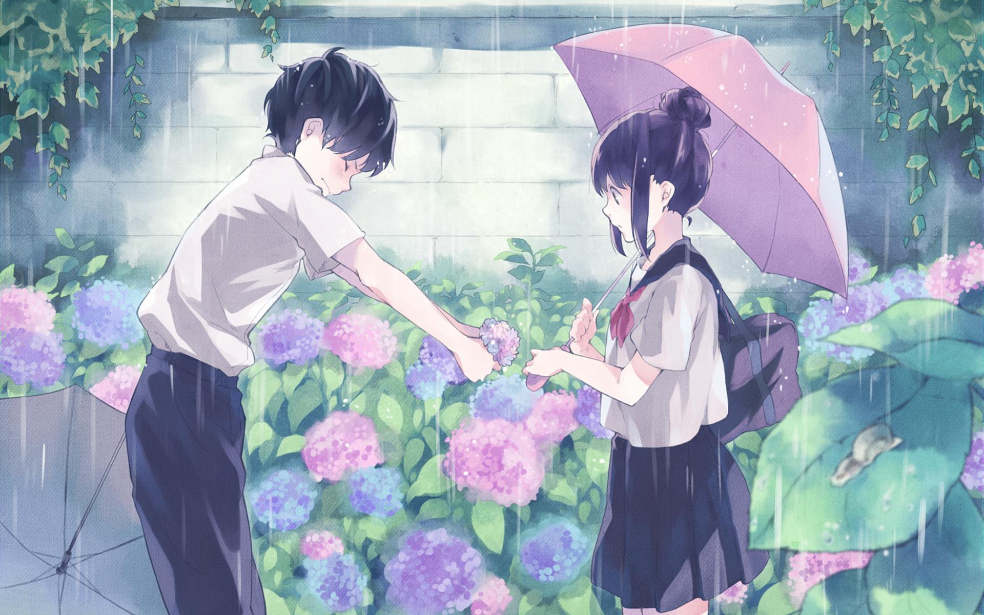 Free download wallpaper Anime, Rain, Couple, Umbrella, Romantic, Blush, School Uniform, Black Hair on your PC desktop