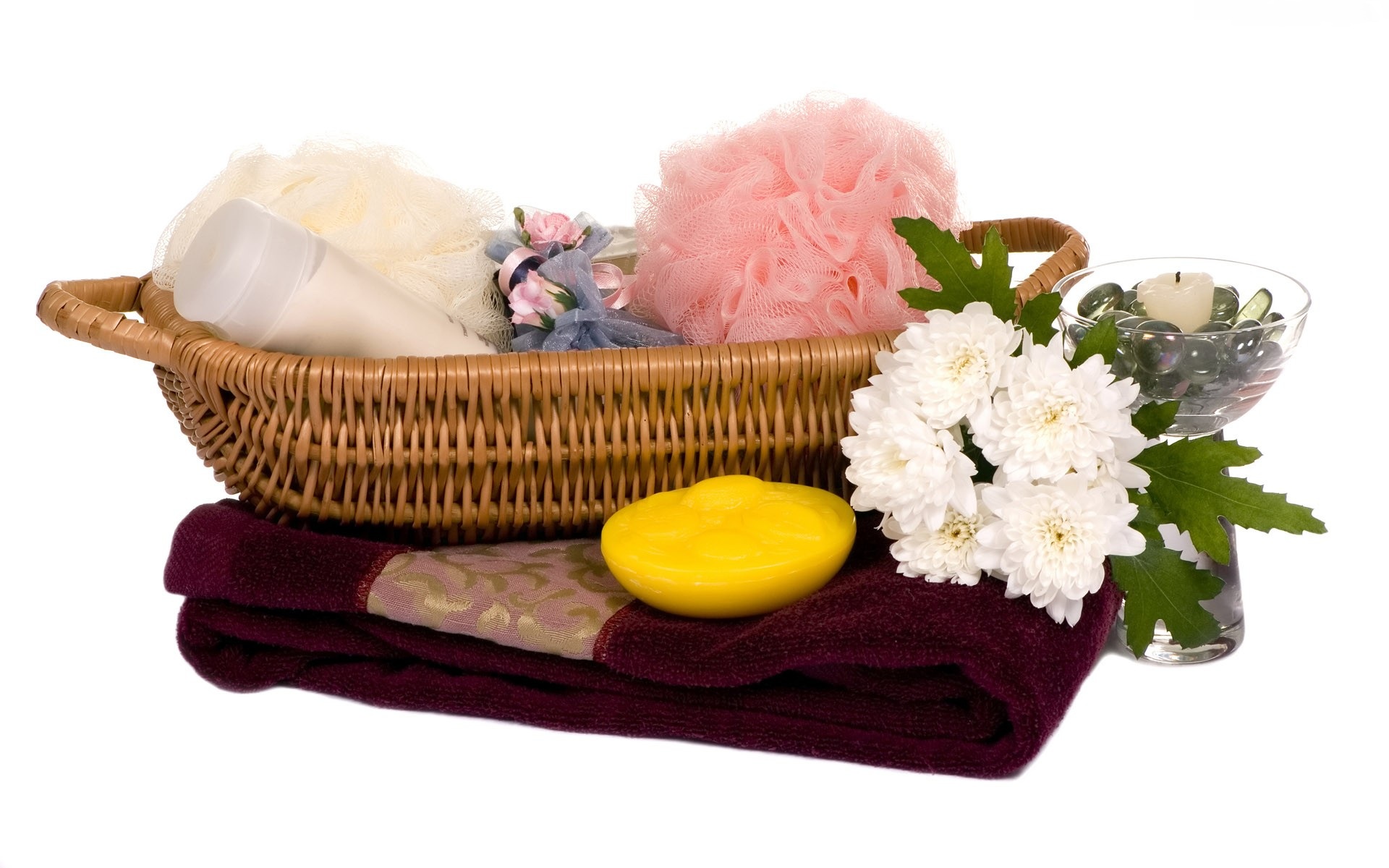 man made, spa, basket, flower, still life, towel 32K