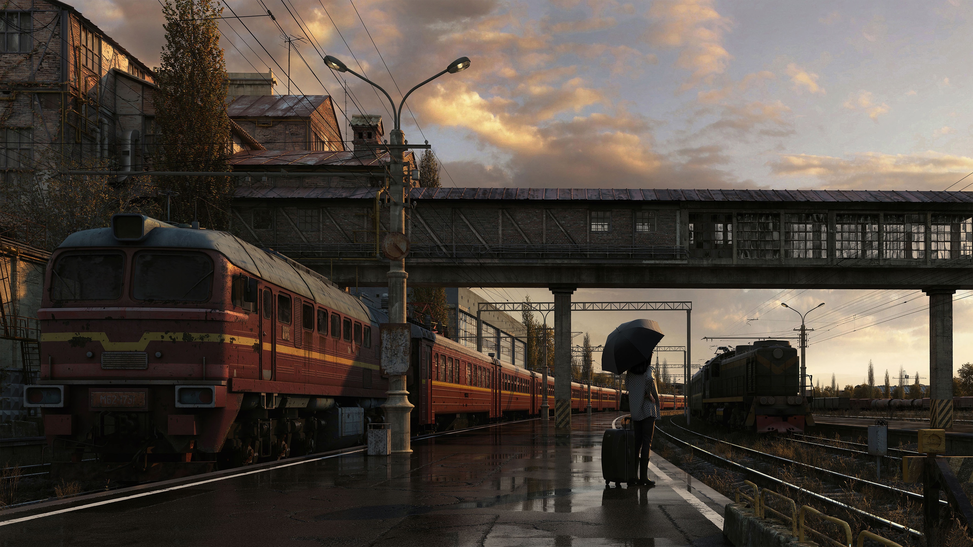 924380 скачать картинку железнодорожная станция, транспортные средства, тренироваться, зонтики - обои и заставки бесплатно