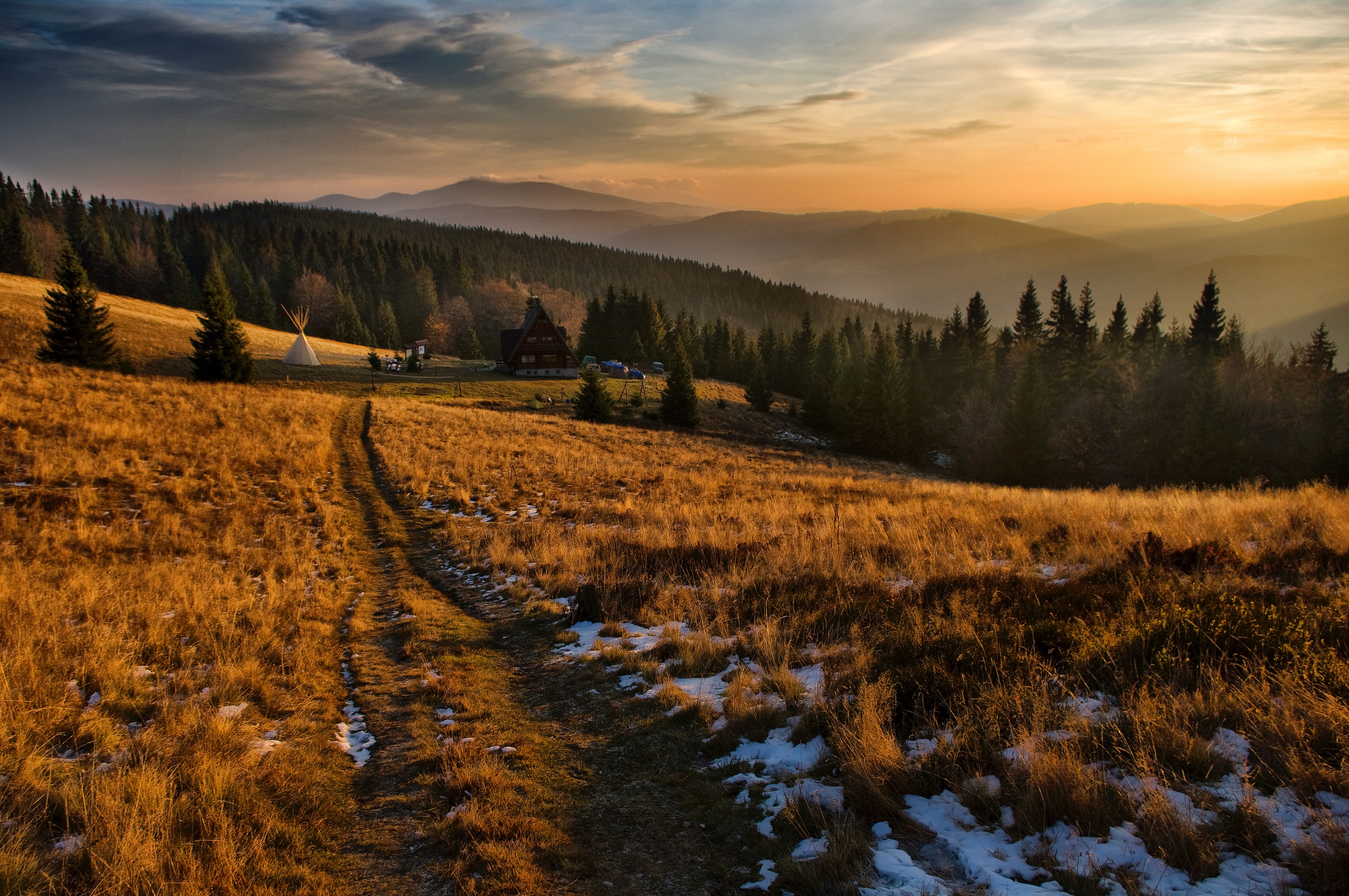 Free download wallpaper Nature, Grass, Mountains, Snow, Field, Poland, Village on your PC desktop