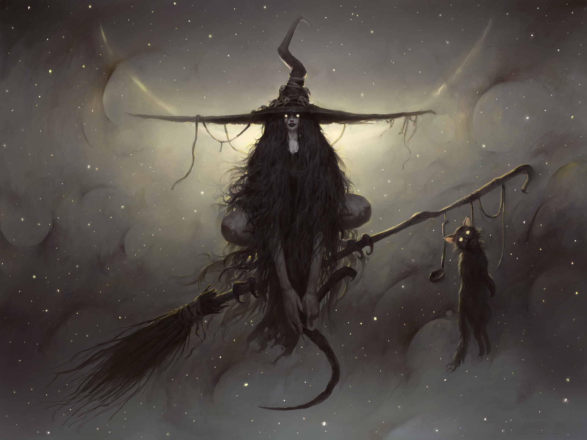 dark, witch, broom, creepy, hat, long hair