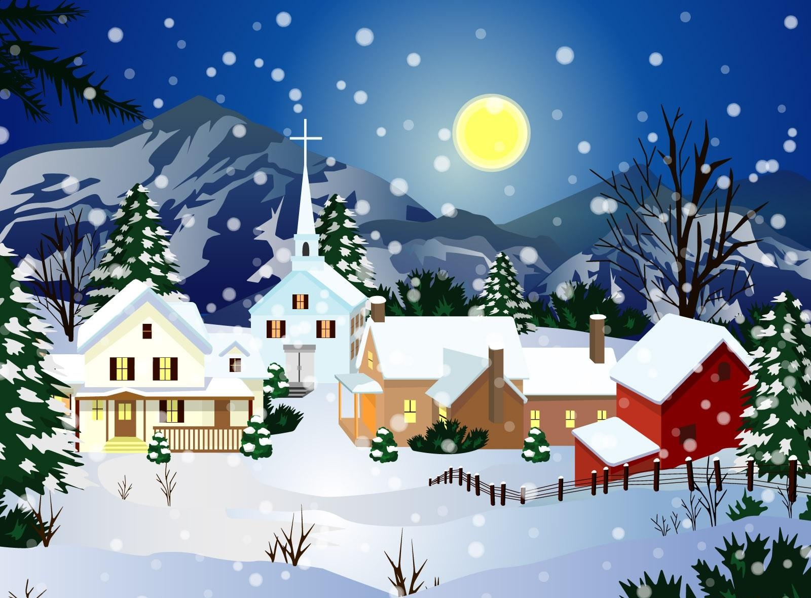 houses, holidays, winter, night, snow, full moon, church
