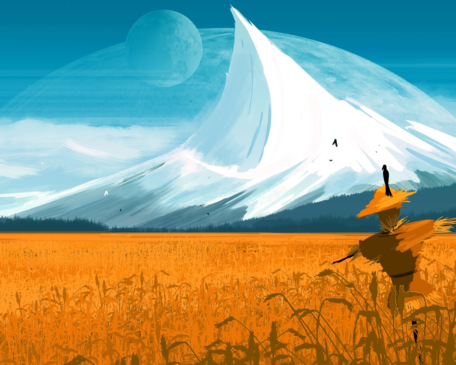 Download mobile wallpaper Landscape, Mountain, Peak, Field, Planet, Sci Fi, Scarecrow for free.