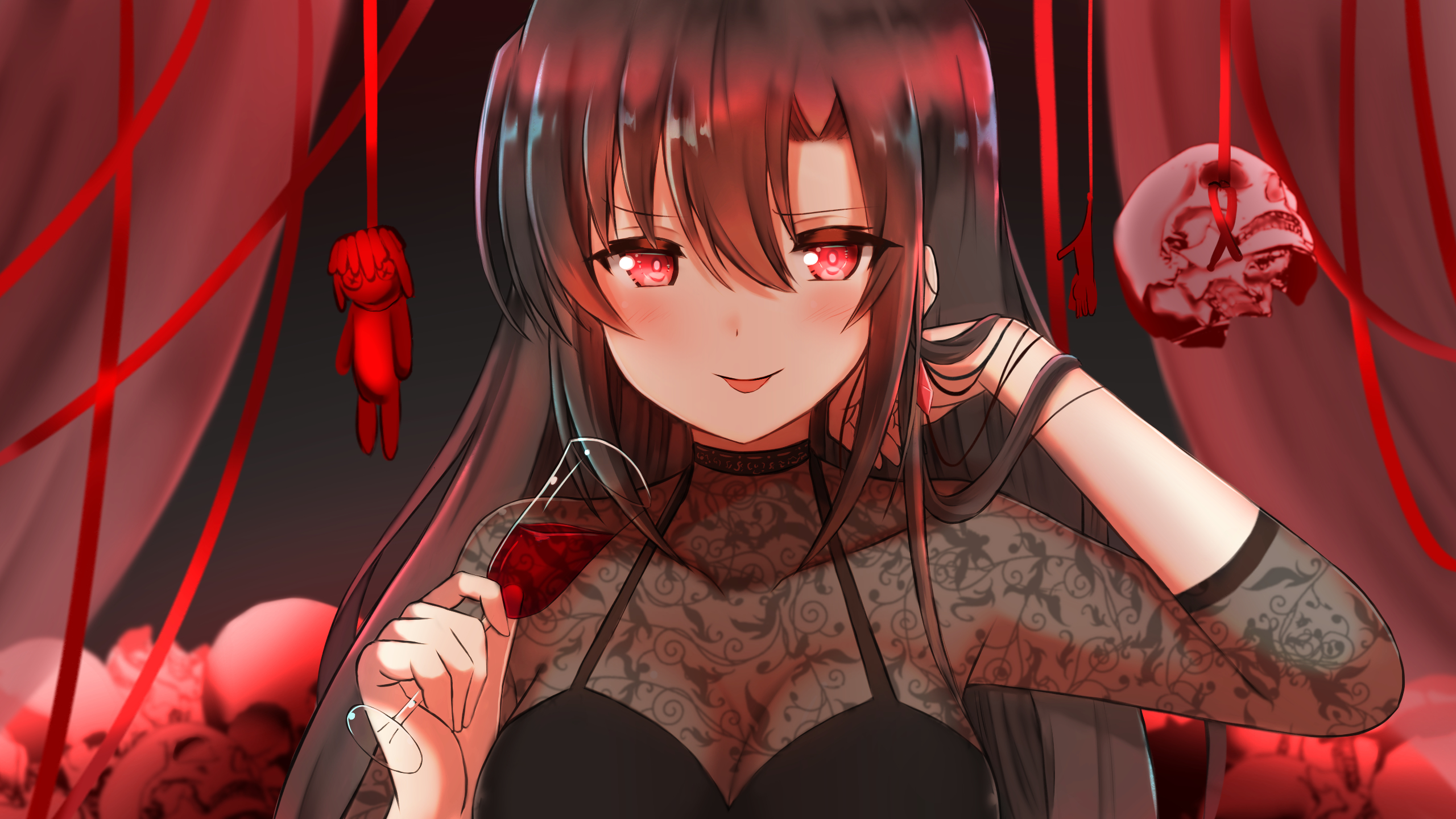 HD wallpaper: Dark Anime, Girl, Long Hair, Dark Background, Red Eyes