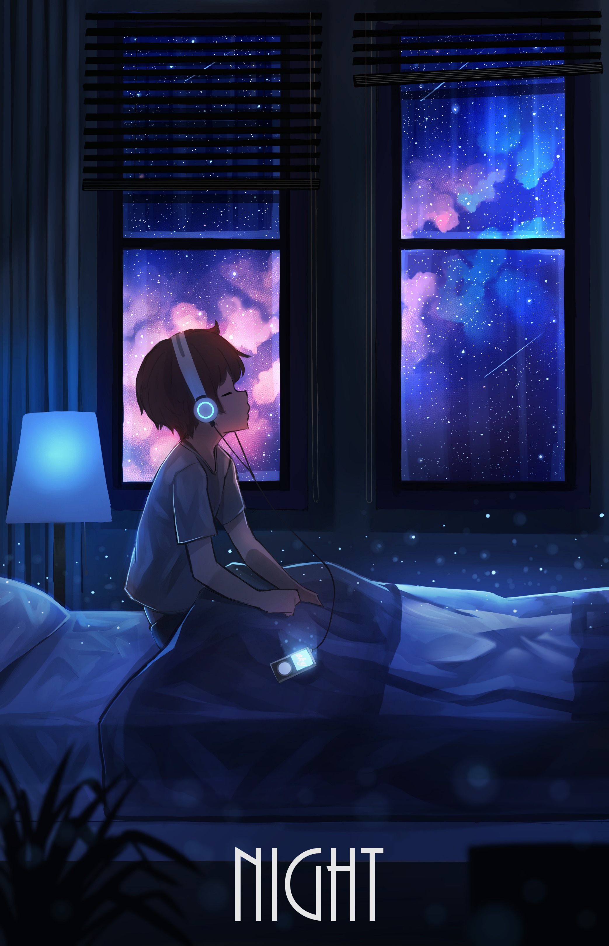art, headphones, boy, night, starry sky