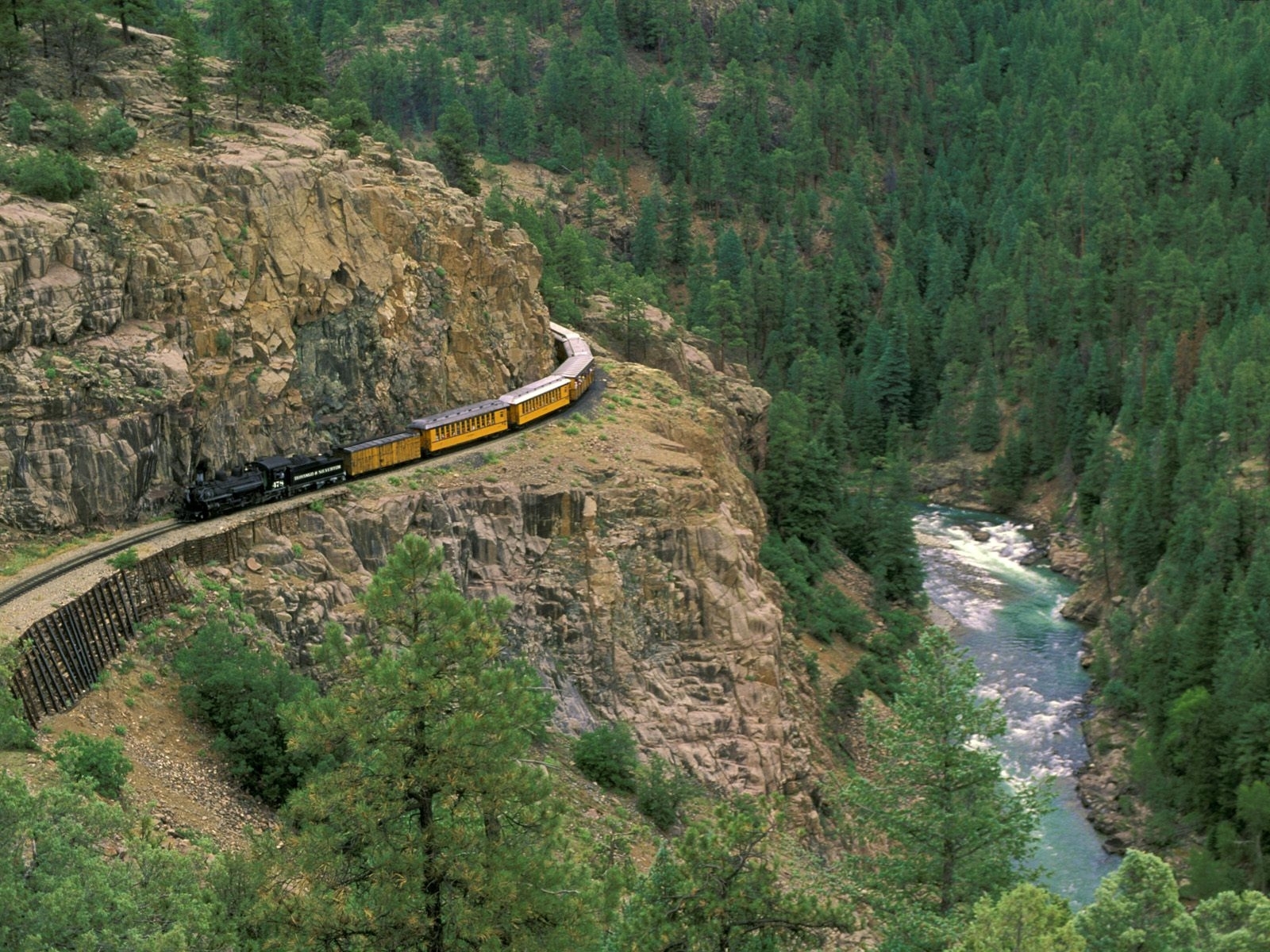 trains, mountains, transport, landscape, rivers, trees, green