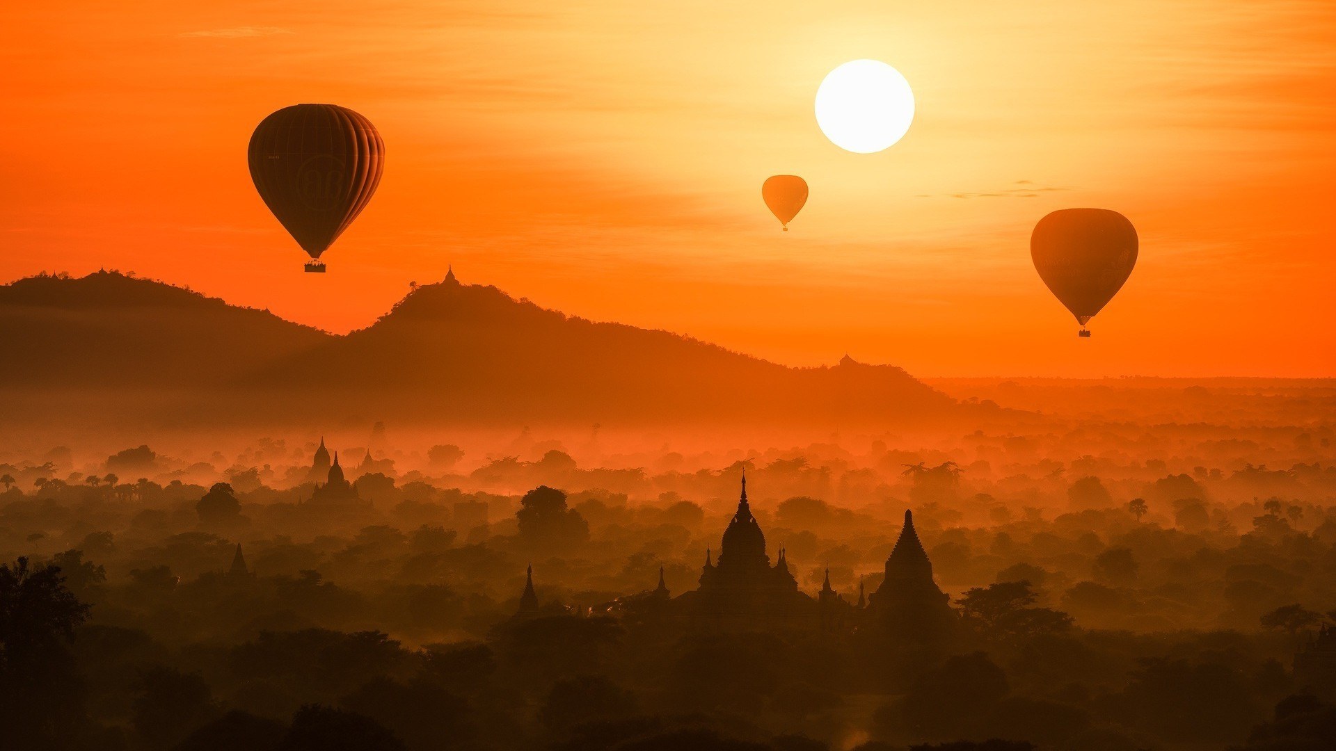 Скачать обои бесплатно Закат, Воздушный Шар, Храм, Мьянма, Транспортные Средства картинка на рабочий стол ПК