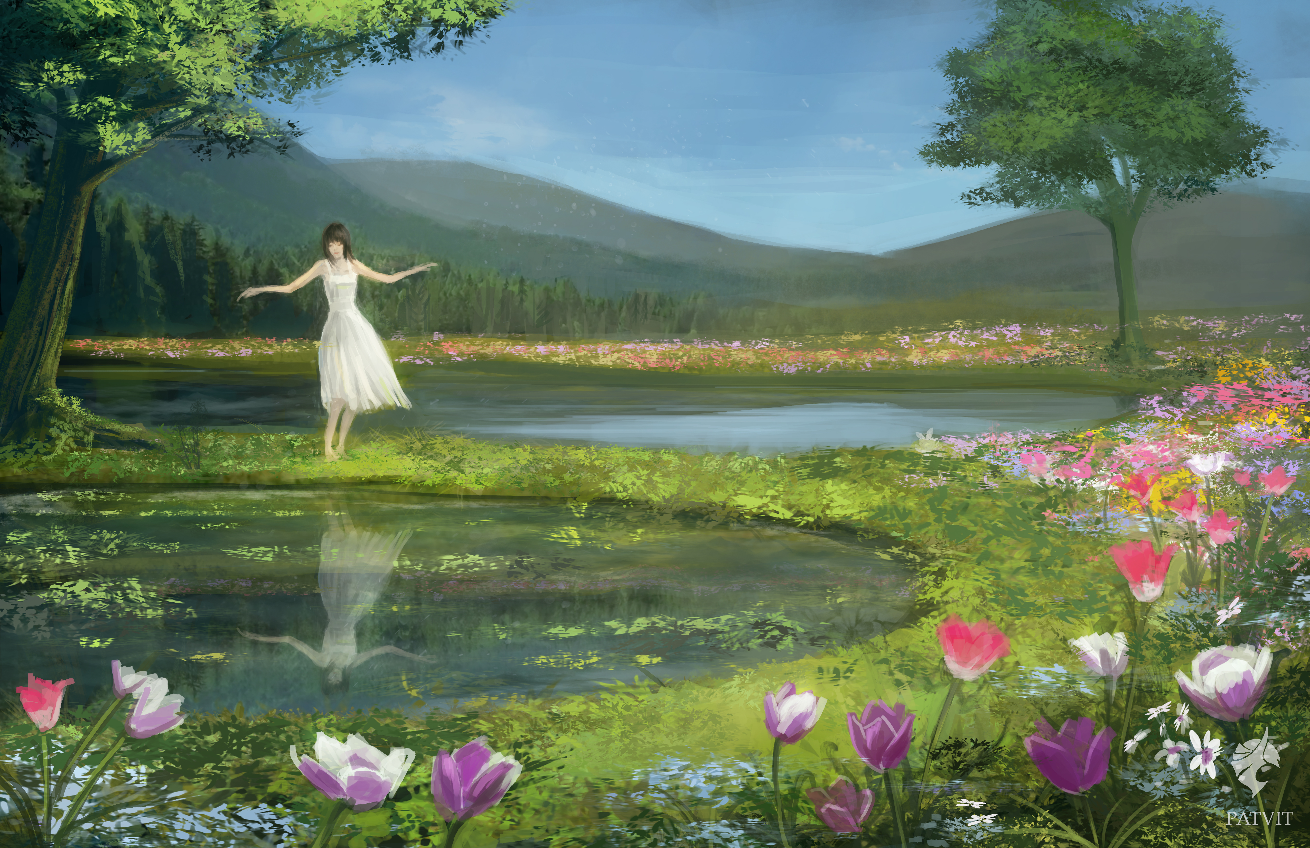 Девушка на озере с цветком живопись