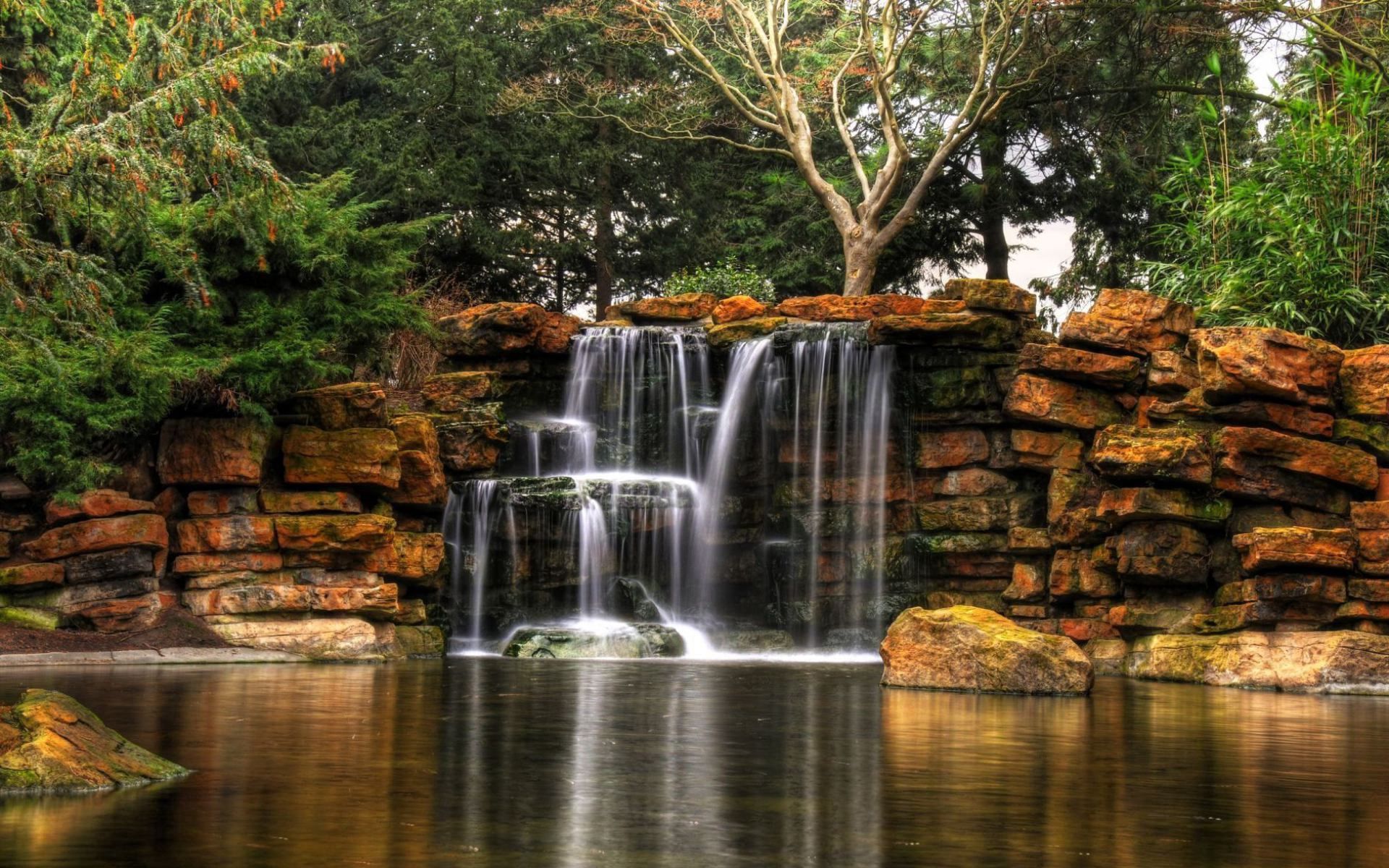 Laden Sie das Natur, Der Park, Teller, Teich, Platten, Park, Wasserfall-Bild kostenlos auf Ihren PC-Desktop herunter