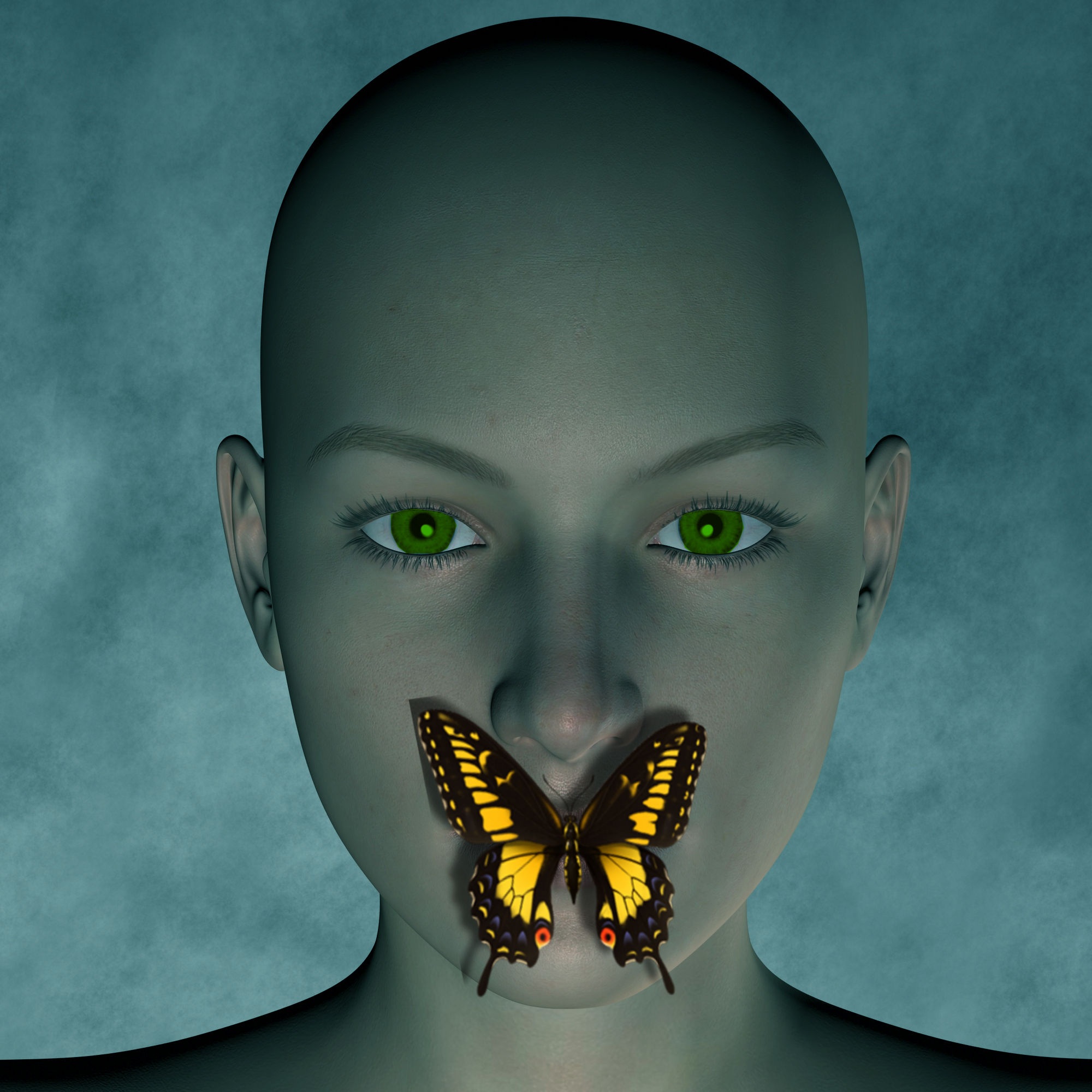 Download mobile wallpaper Green Eyed, Silence, Butterfly, Face, 3D for free.
