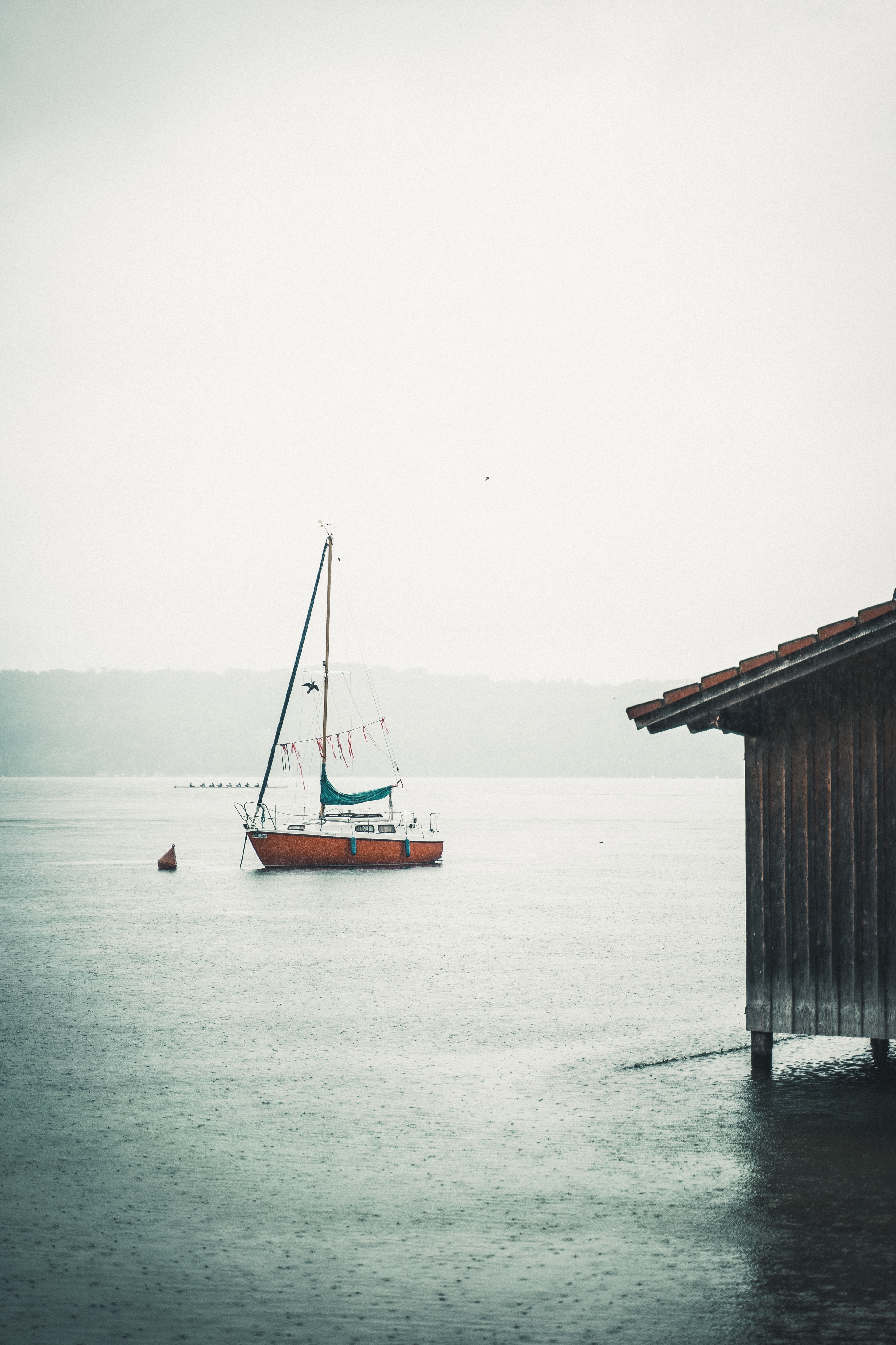 water, rain, miscellanea, miscellaneous, fog, boat, sail mobile wallpaper