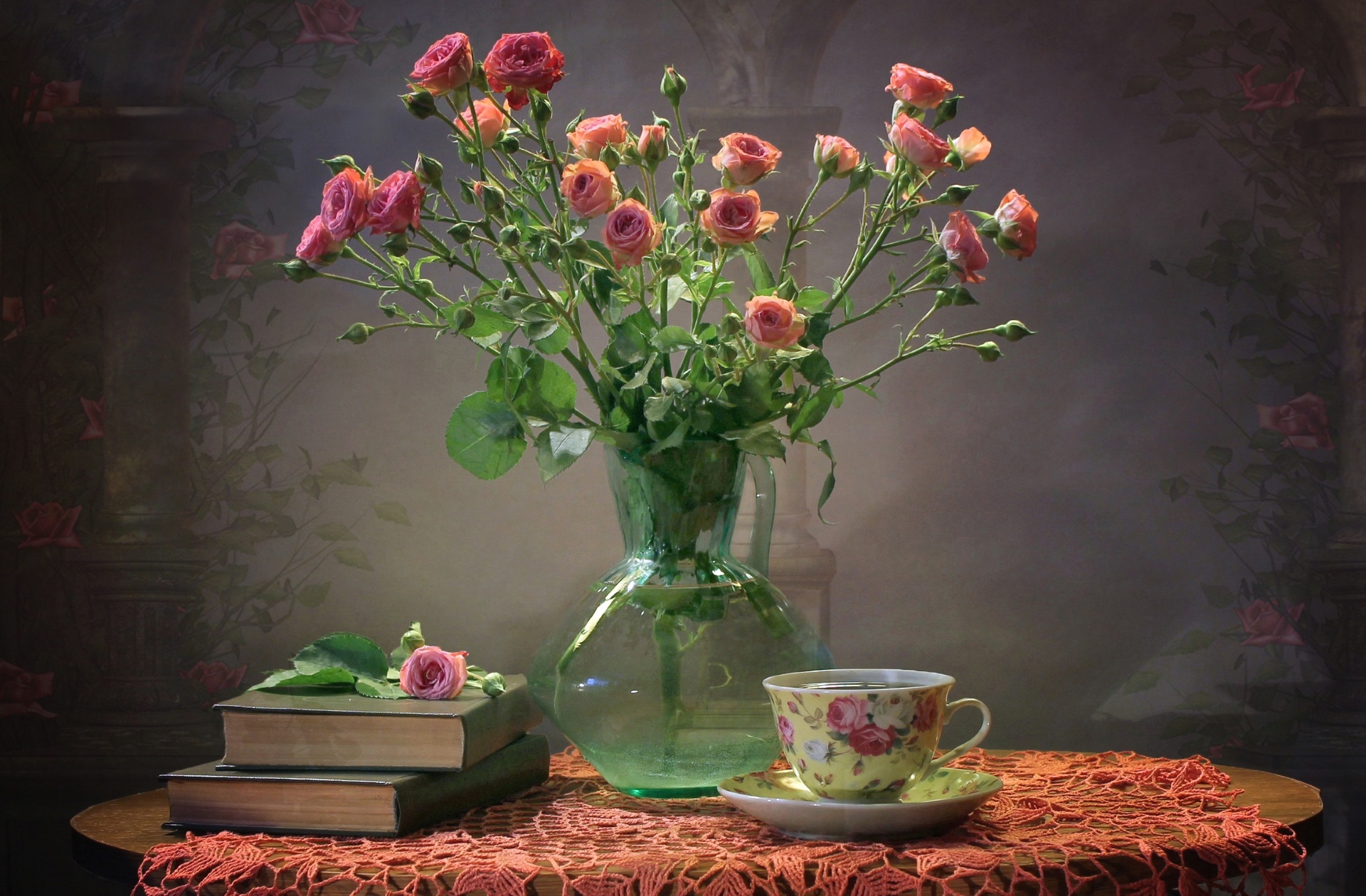 photography, still life, flower, pink rose, rose, saucer, teacup, vase
