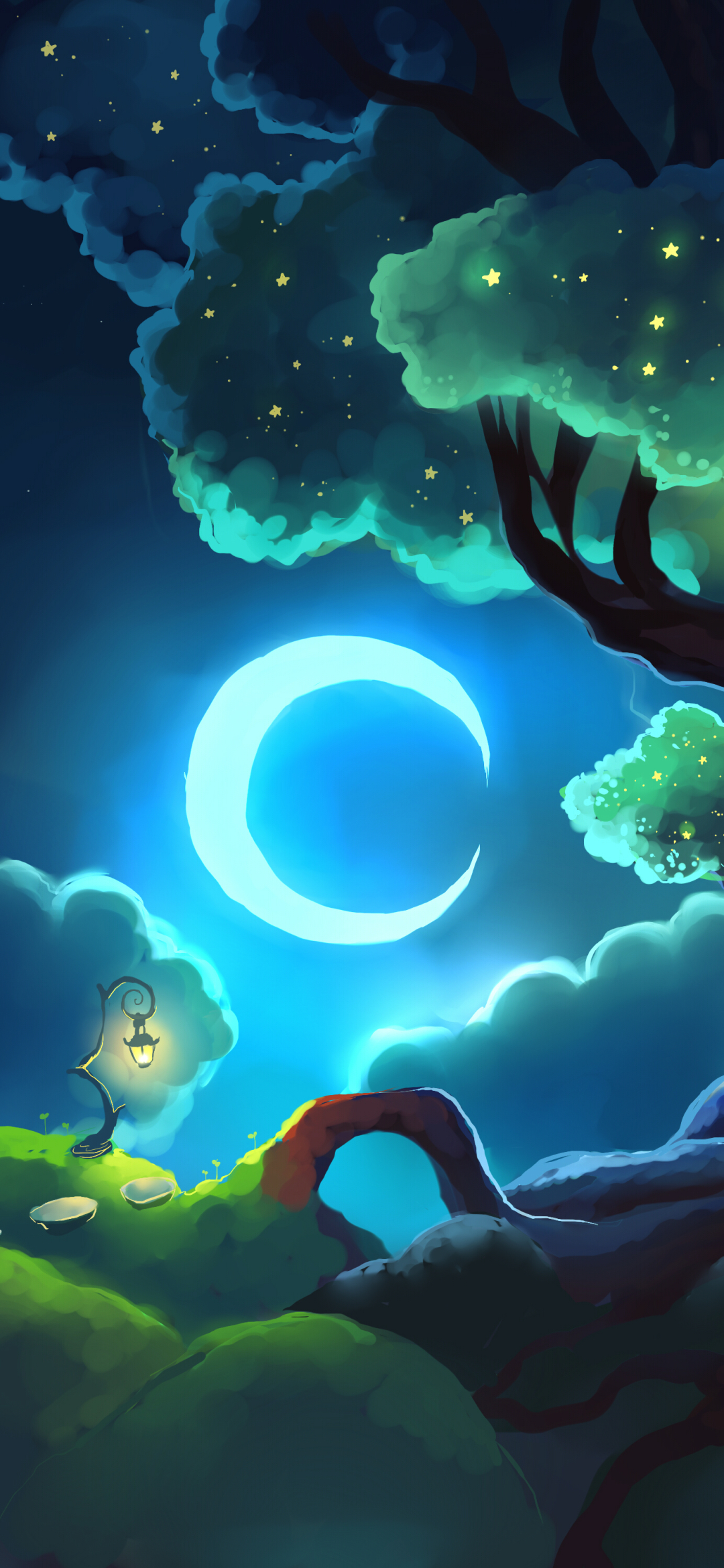 Download mobile wallpaper Stars, Moon, Tree, Roots, Painting, Artistic, Cloud, Crescent for free.