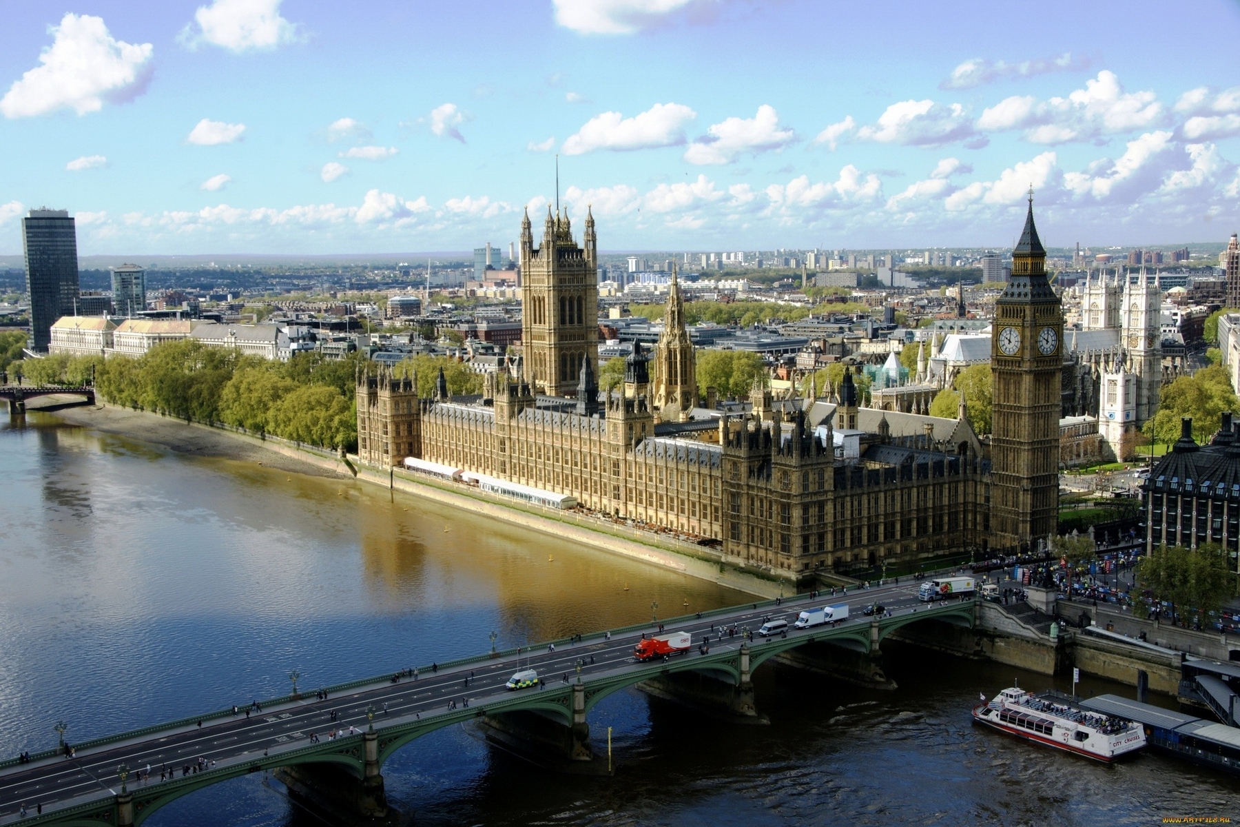 Скачать обои бесплатно Биг Бен (Big Ben), Города, Река, Архитектура, Пейзаж, Лондон картинка на рабочий стол ПК