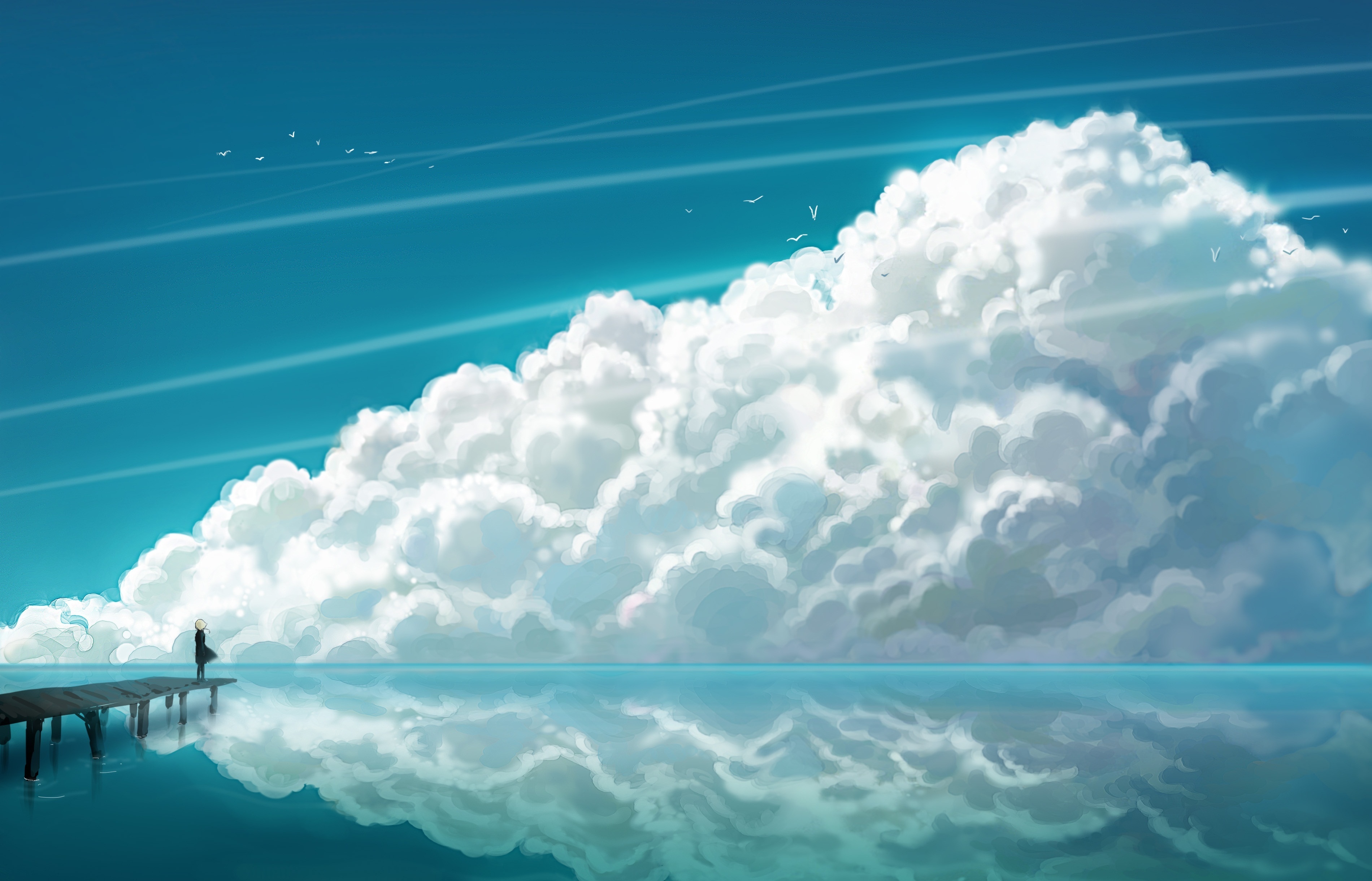 172480 Hintergrundbild herunterladen animes, himmel, wolke, ozean, seebrücke, spiegelung - Bildschirmschoner und Bilder kostenlos