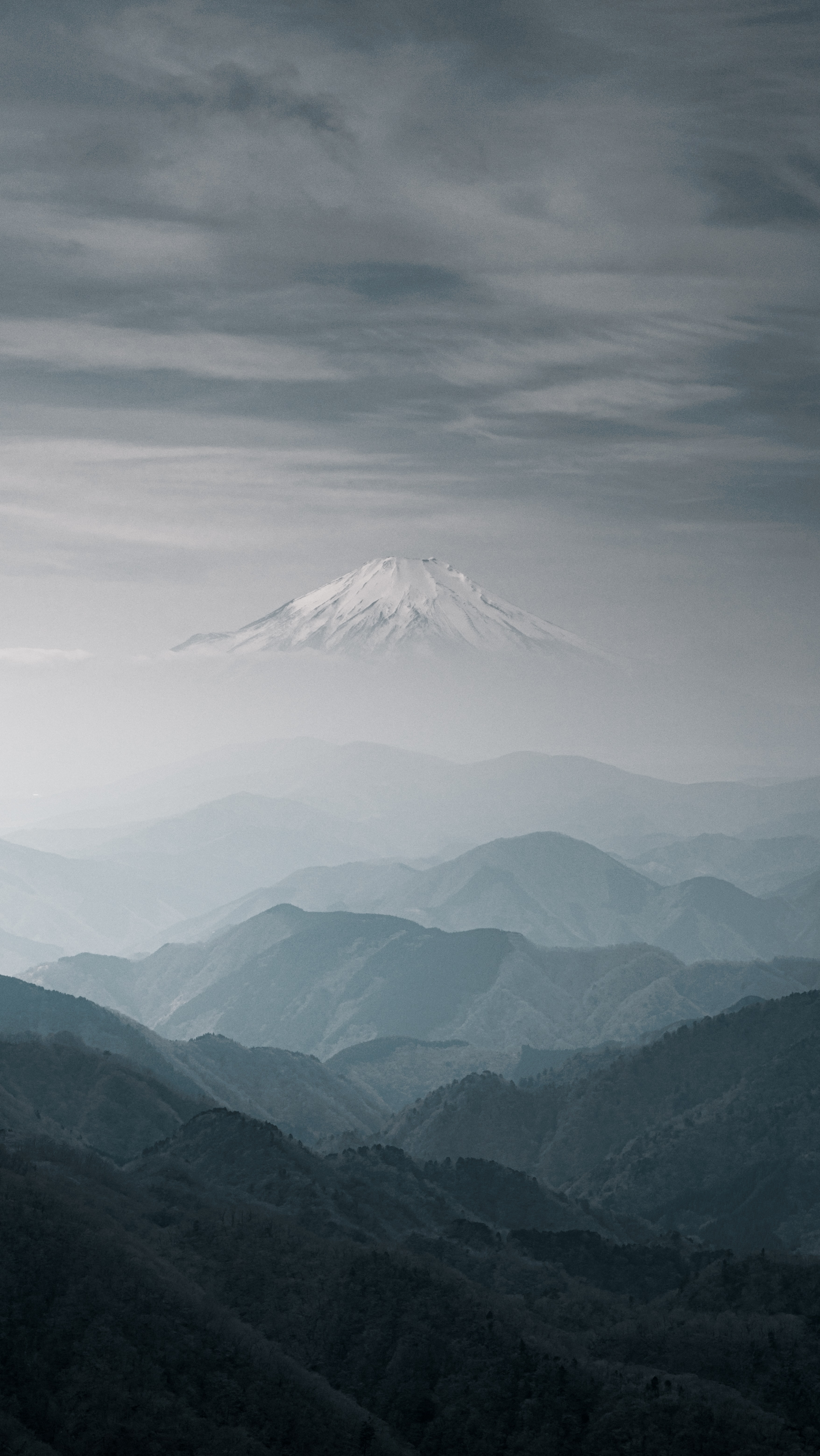 fuji, nature, mountains, snow, mountain, vertex, top, fog