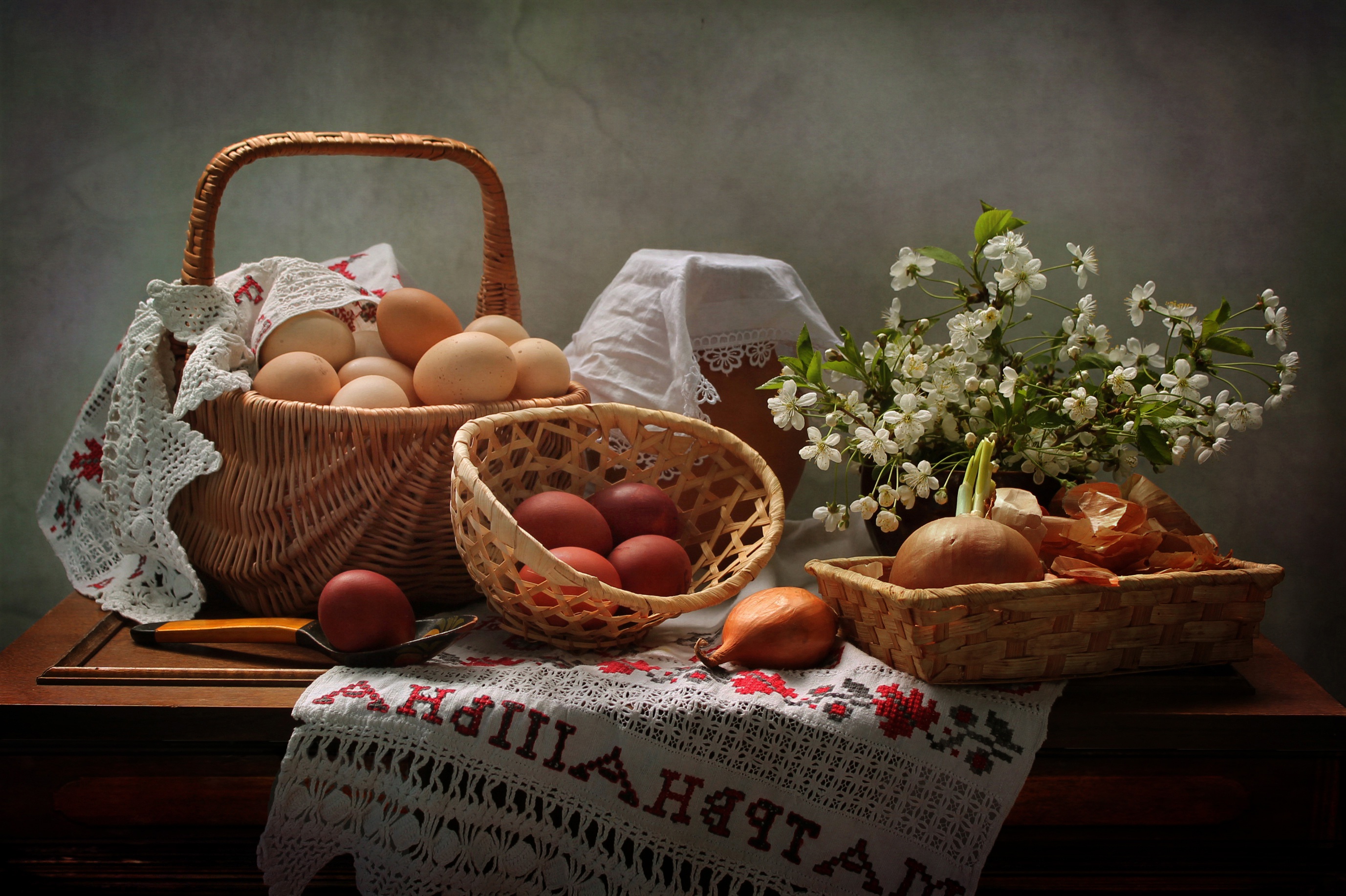 food, still life, basket, egg, flower, onion, white flower