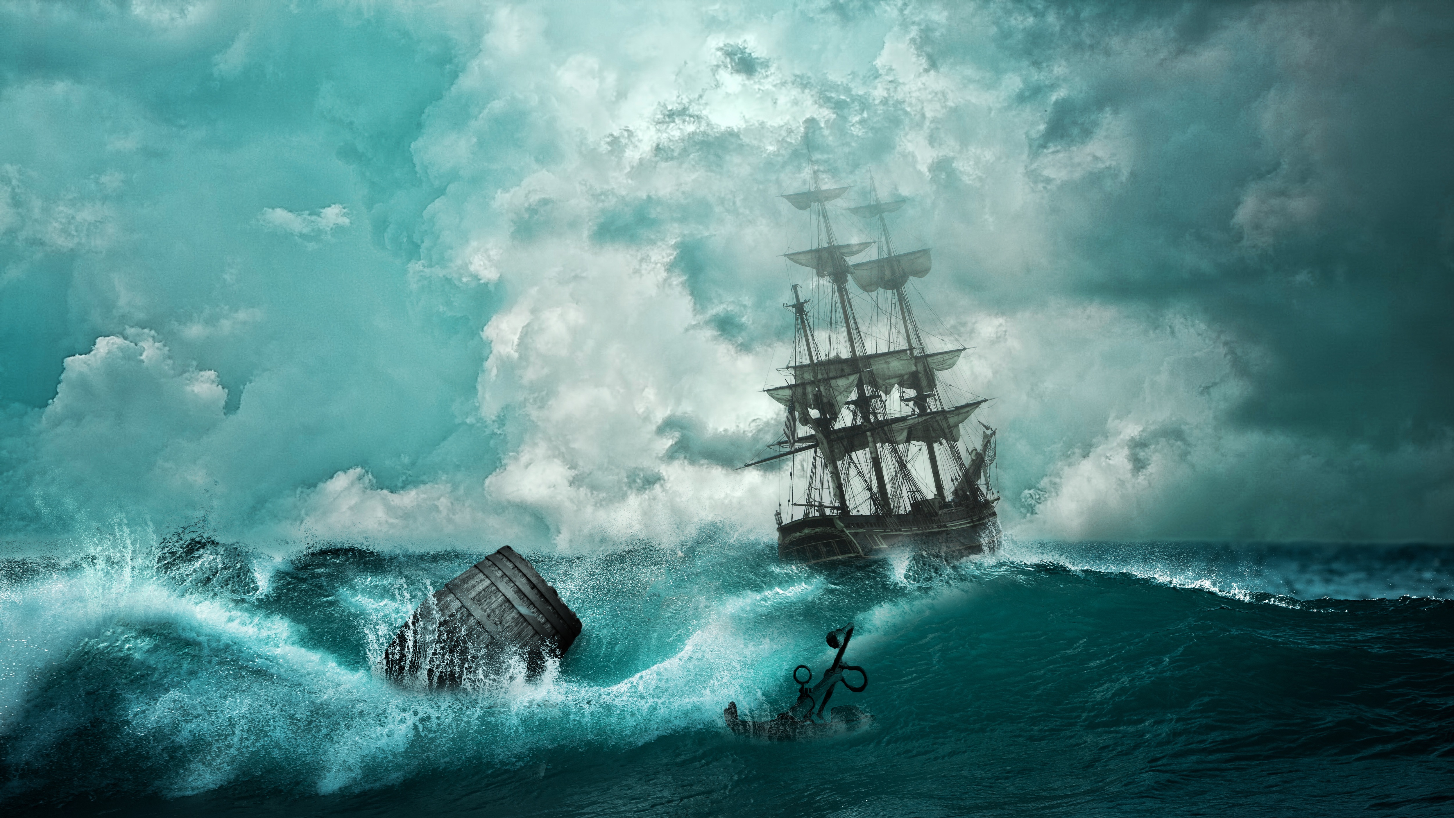 136463 скачать обои шторм, корабль, якорь, волны, арт, фотошоп - заставки и картинки бесплатно