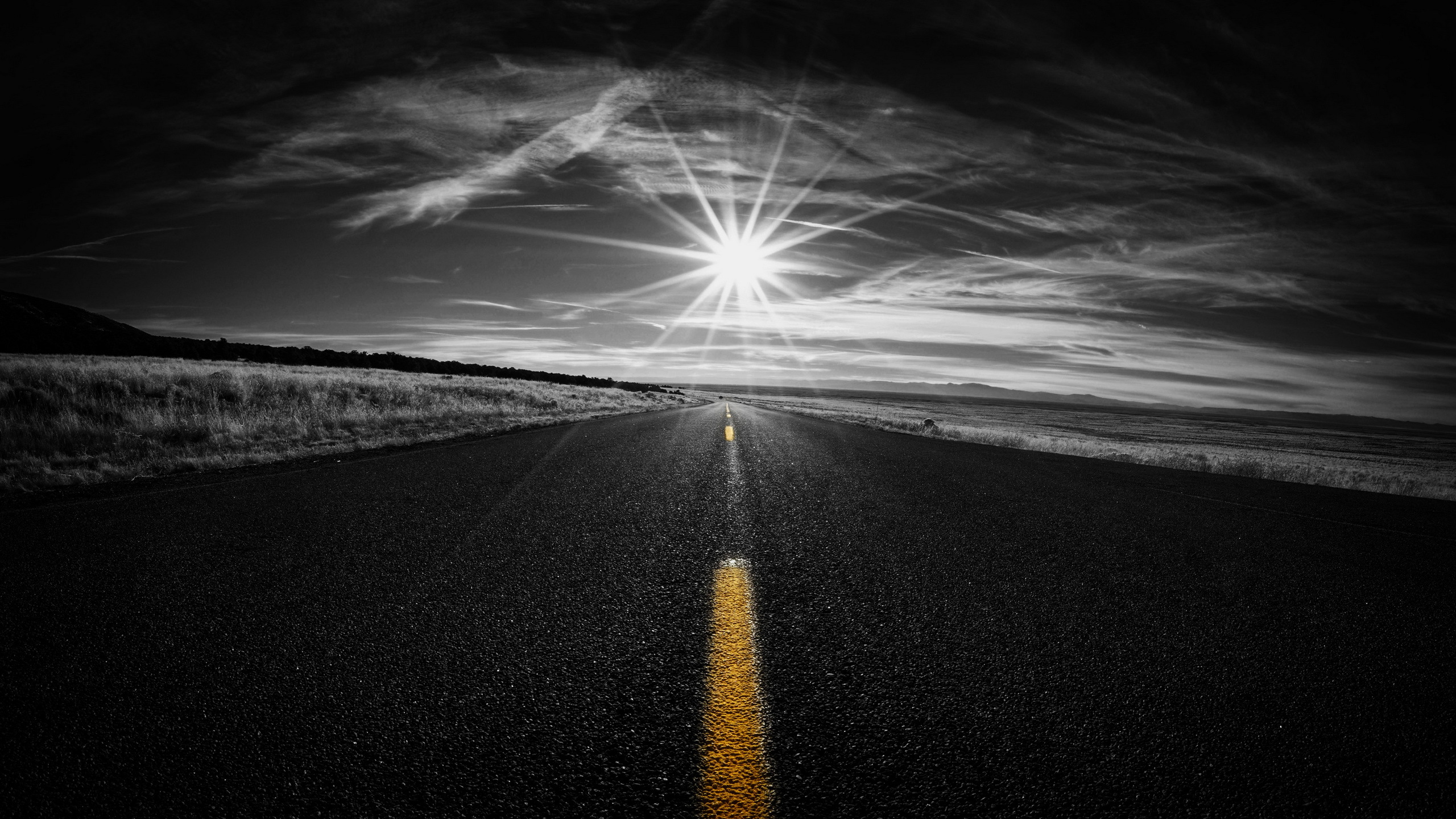 man made, road, black & white, horizon, selective color, sky, sun, sunbeam
